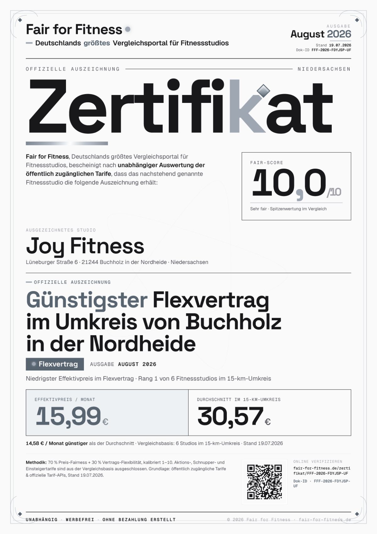 Zertifikat „Günstigster Flexvertrag im Umkreis von Buchholz in der Nordheide"