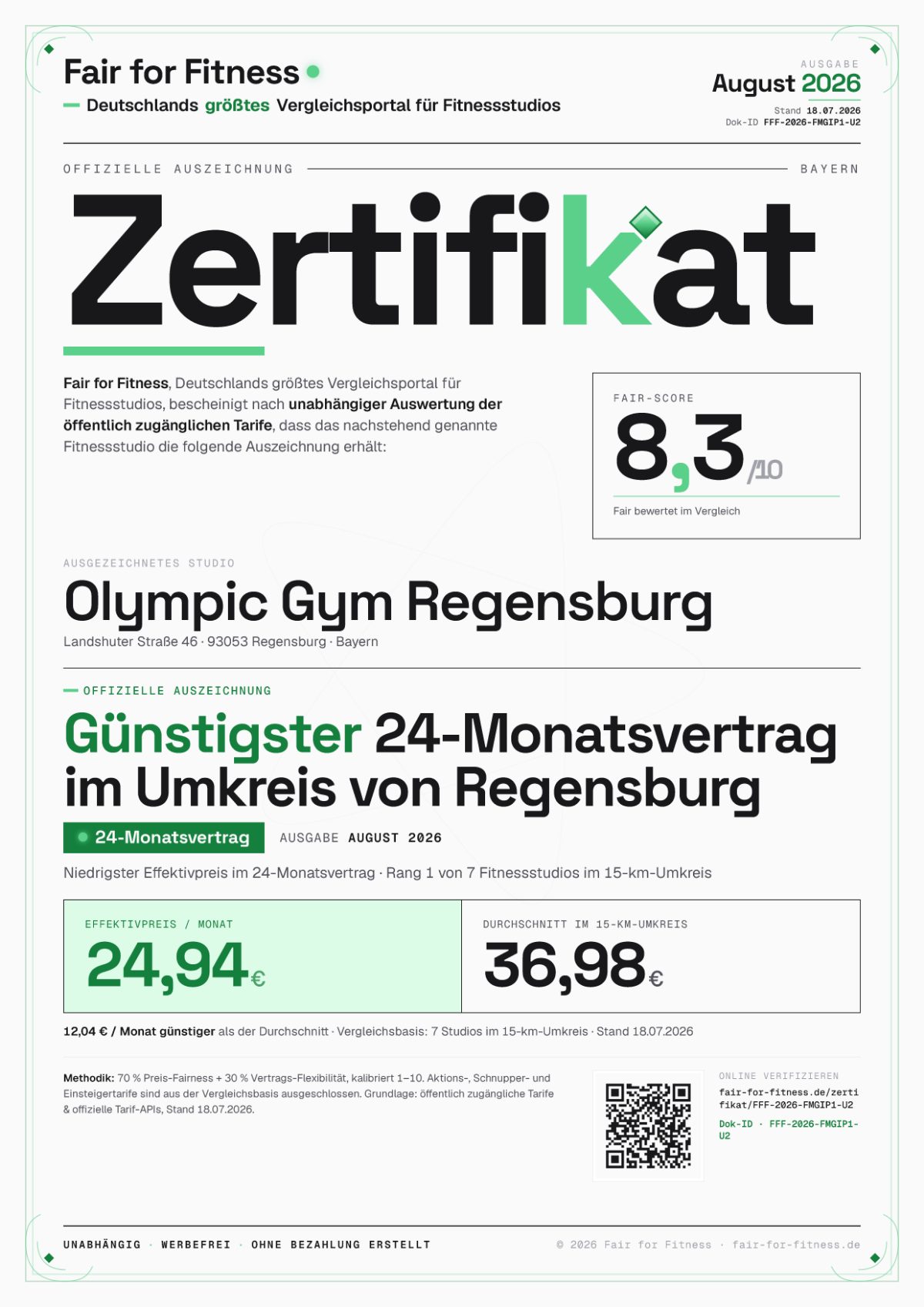 Zertifikat „Günstigster 24-Monatsvertrag im Umkreis von Regensburg"