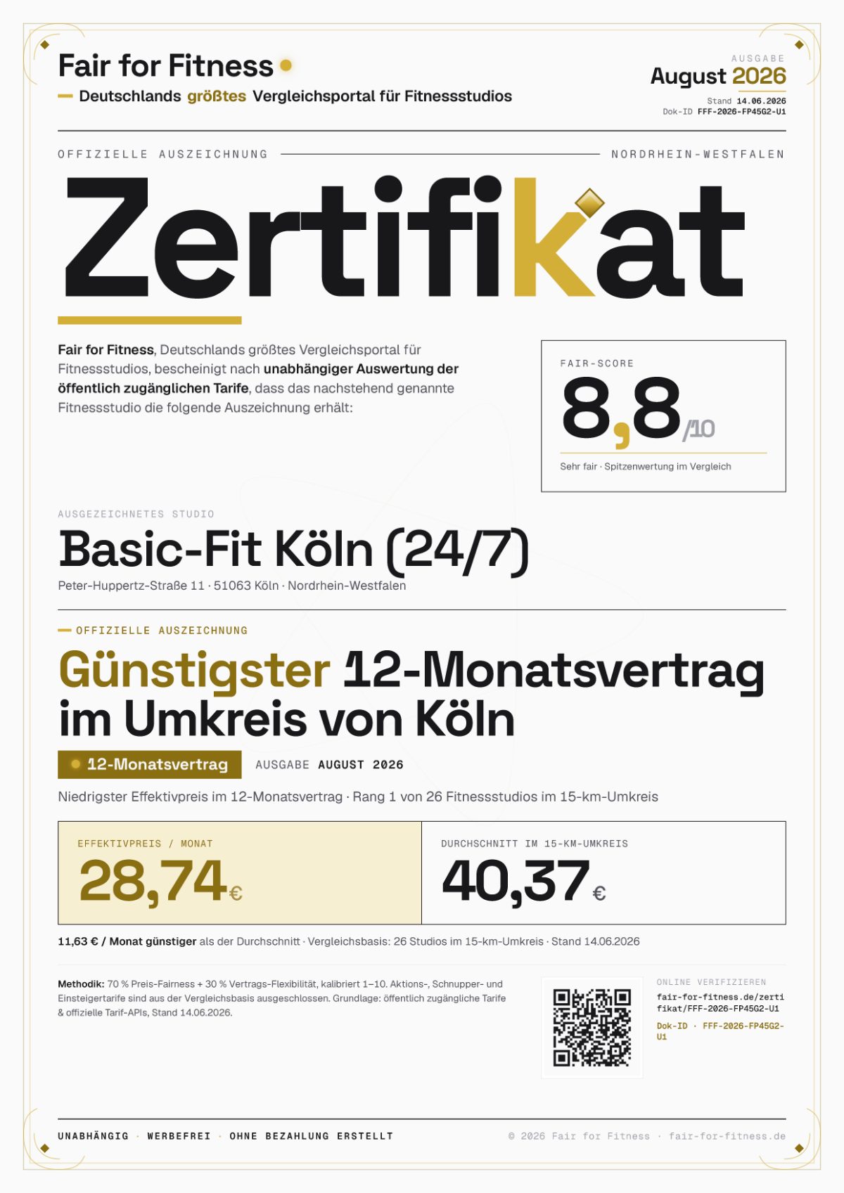Zertifikat „Günstigster 12-Monatsvertrag im Umkreis von Köln"