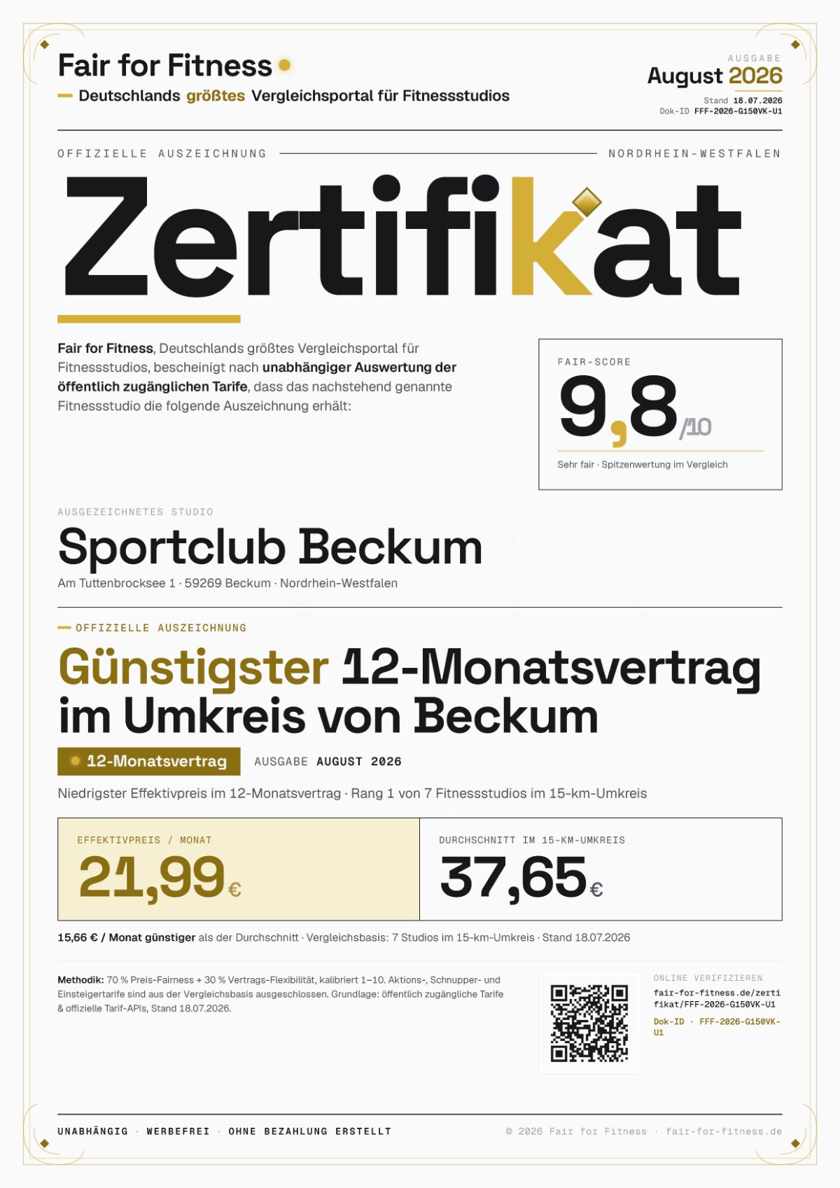 Zertifikat „Günstigster 12-Monatsvertrag im Umkreis von Beckum"