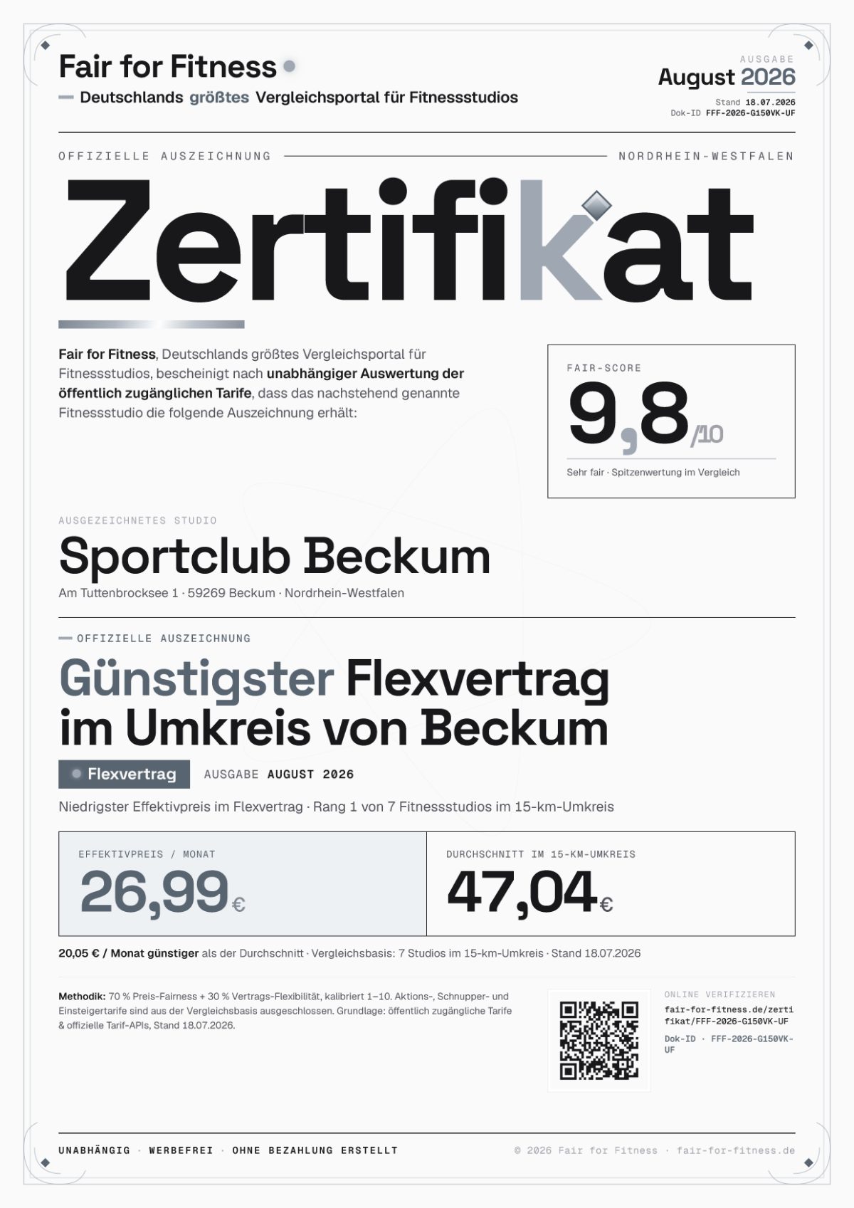 Zertifikat „Günstigster Flexvertrag im Umkreis von Beckum"