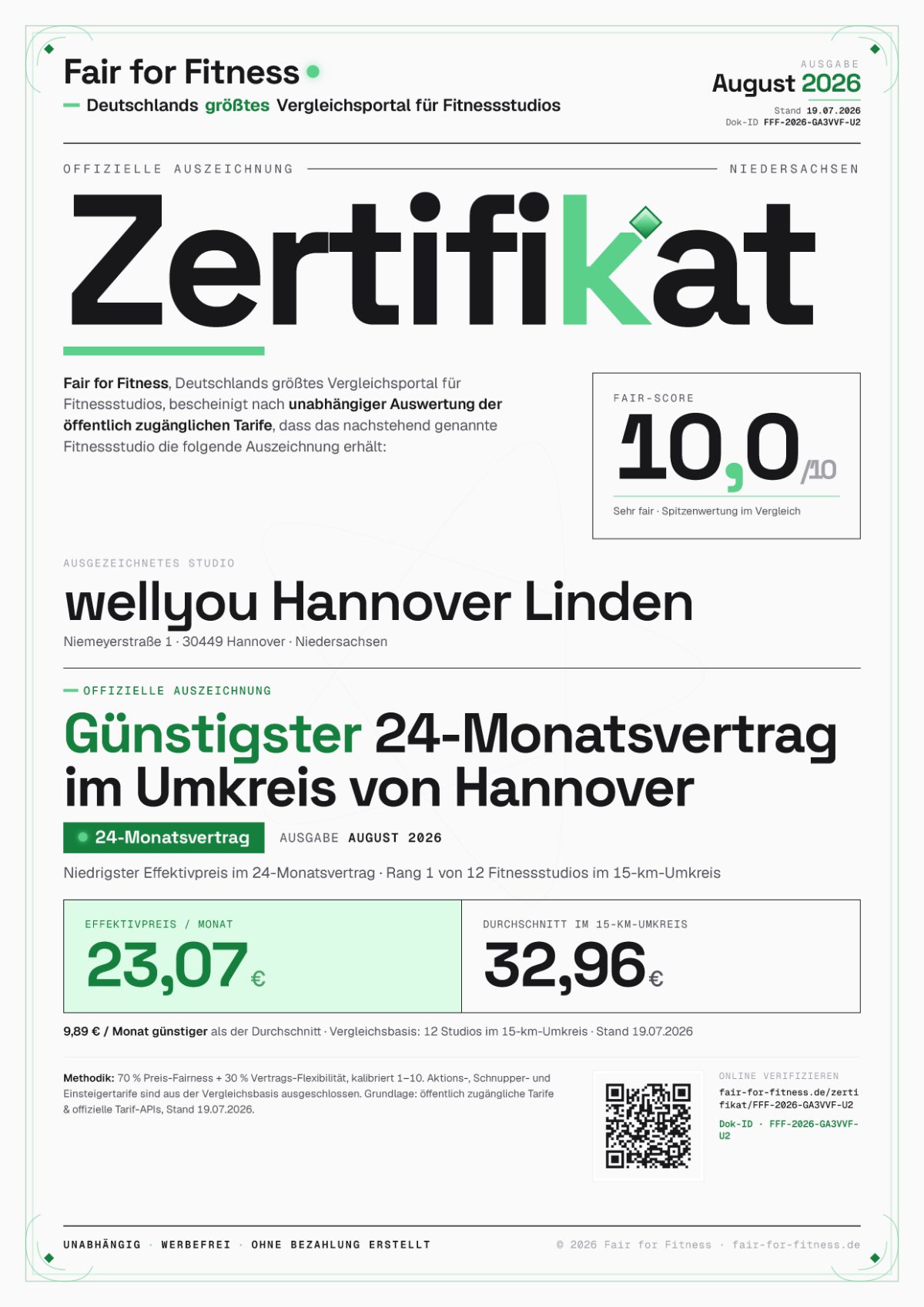 Zertifikat „Günstigster 24-Monatsvertrag im Umkreis von Hannover"