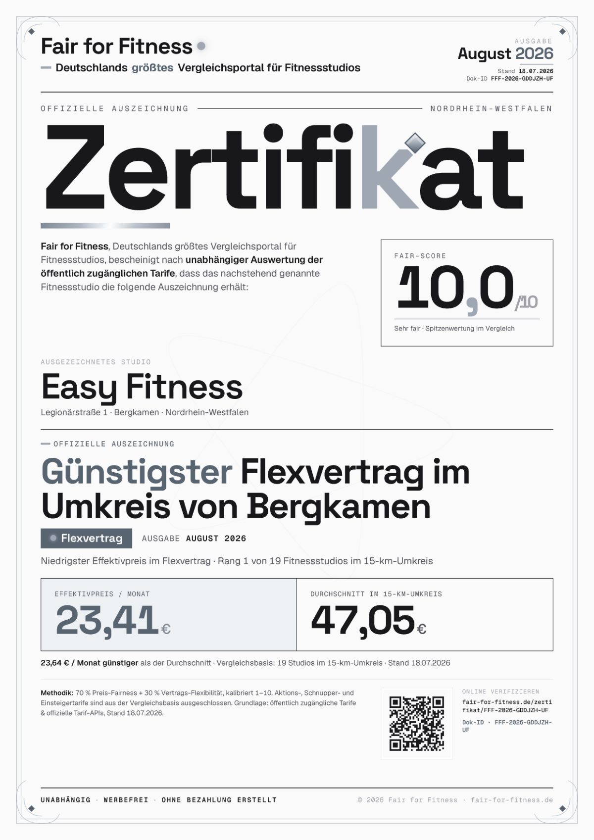 Zertifikat „Günstigster Flexvertrag im Umkreis von Bergkamen"