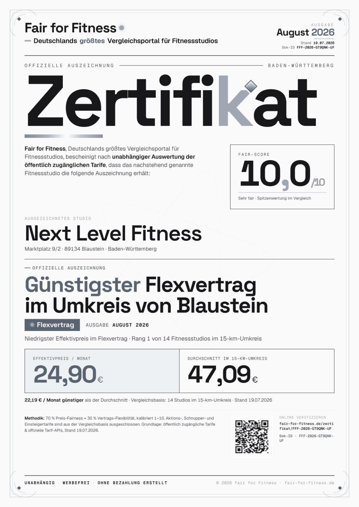 Zertifikat „Günstigster Flexvertrag im Umkreis von Blaustein"