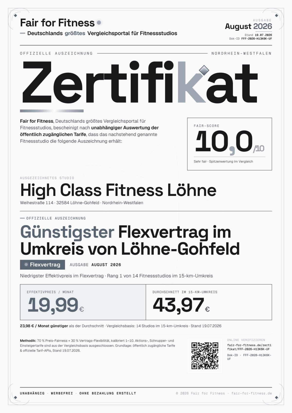 Zertifikat „Günstigster Flexvertrag im Umkreis von Löhne-Gohfeld"