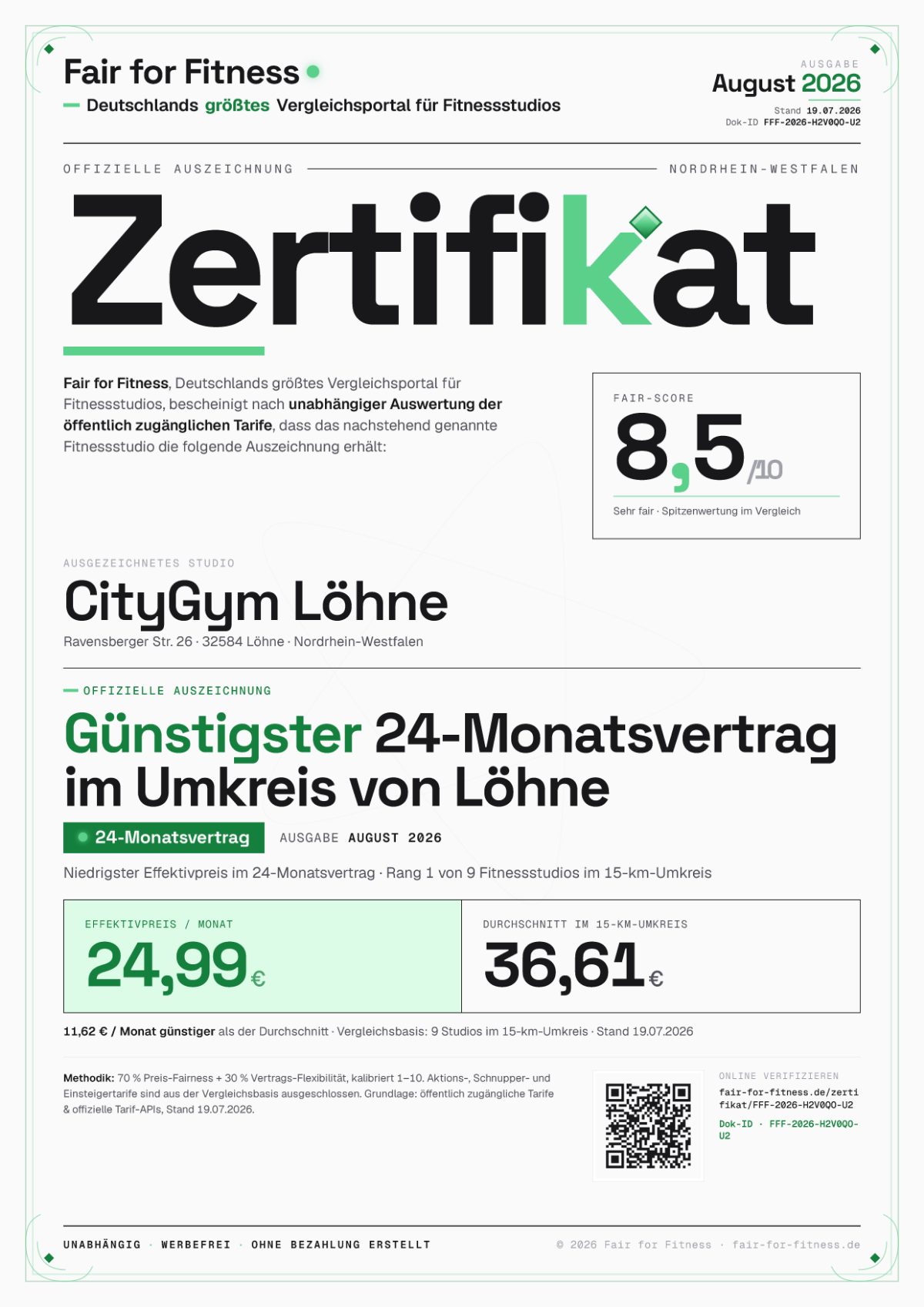 Zertifikat „Günstigster 24-Monatsvertrag im Umkreis von Löhne"