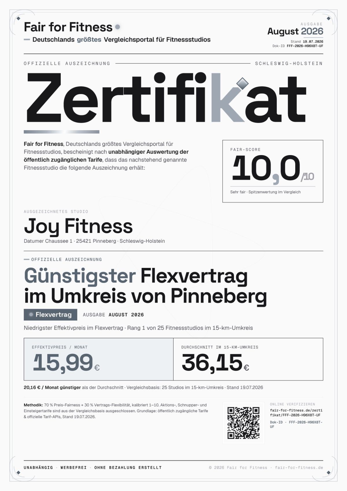 Zertifikat „Günstigster Flexvertrag im Umkreis von Pinneberg"