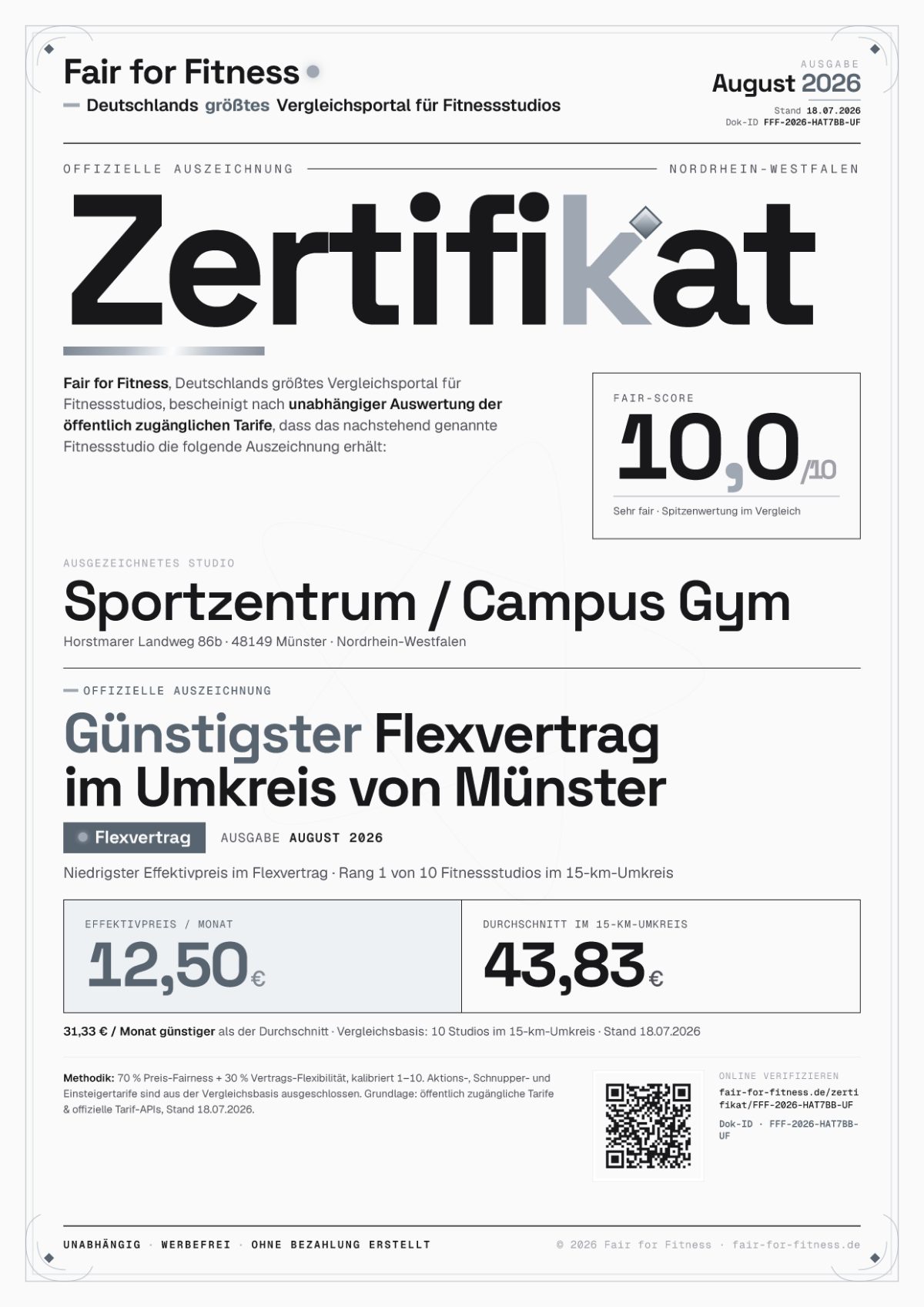 Zertifikat „Günstigster Flexvertrag im Umkreis von Münster"