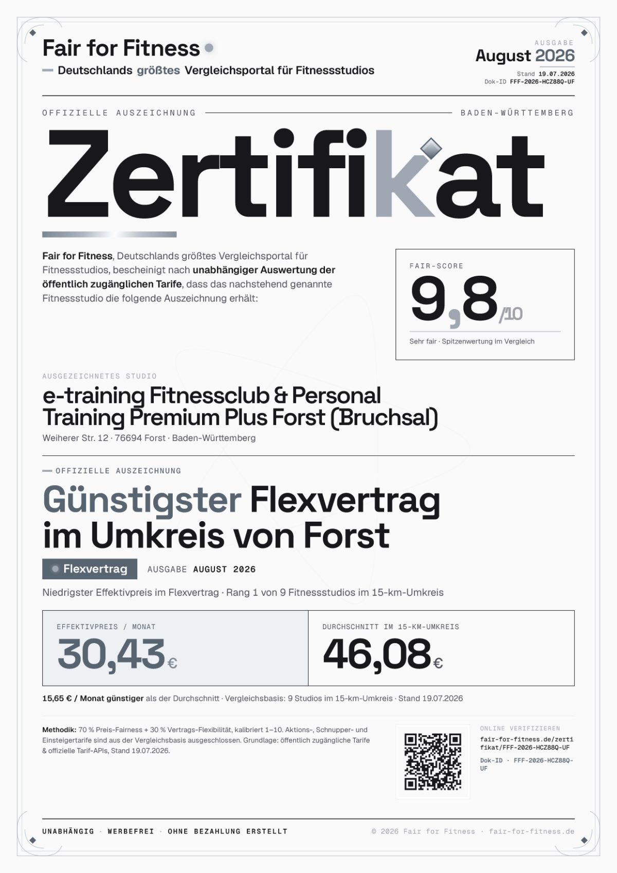 Zertifikat „Günstigster Flexvertrag im Umkreis von Forst"