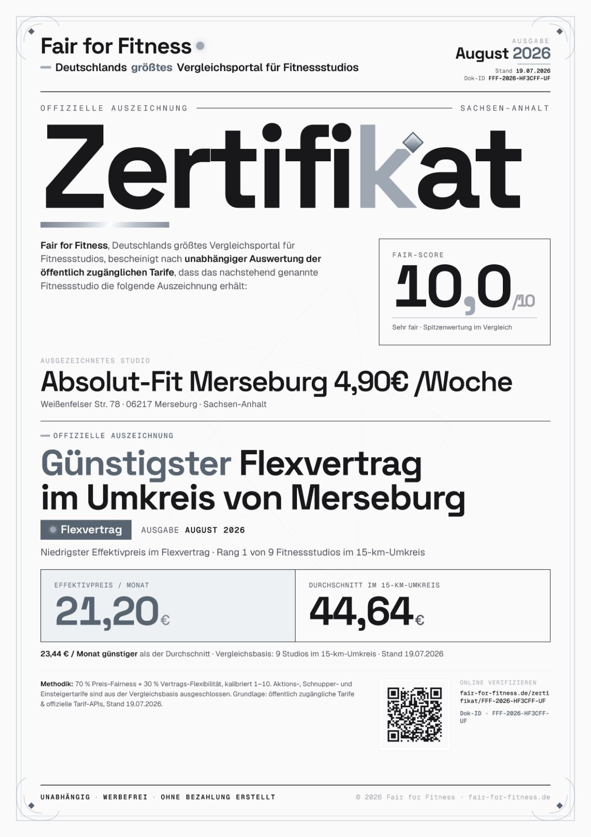 Zertifikat „Günstigster Flexvertrag im Umkreis von Merseburg"