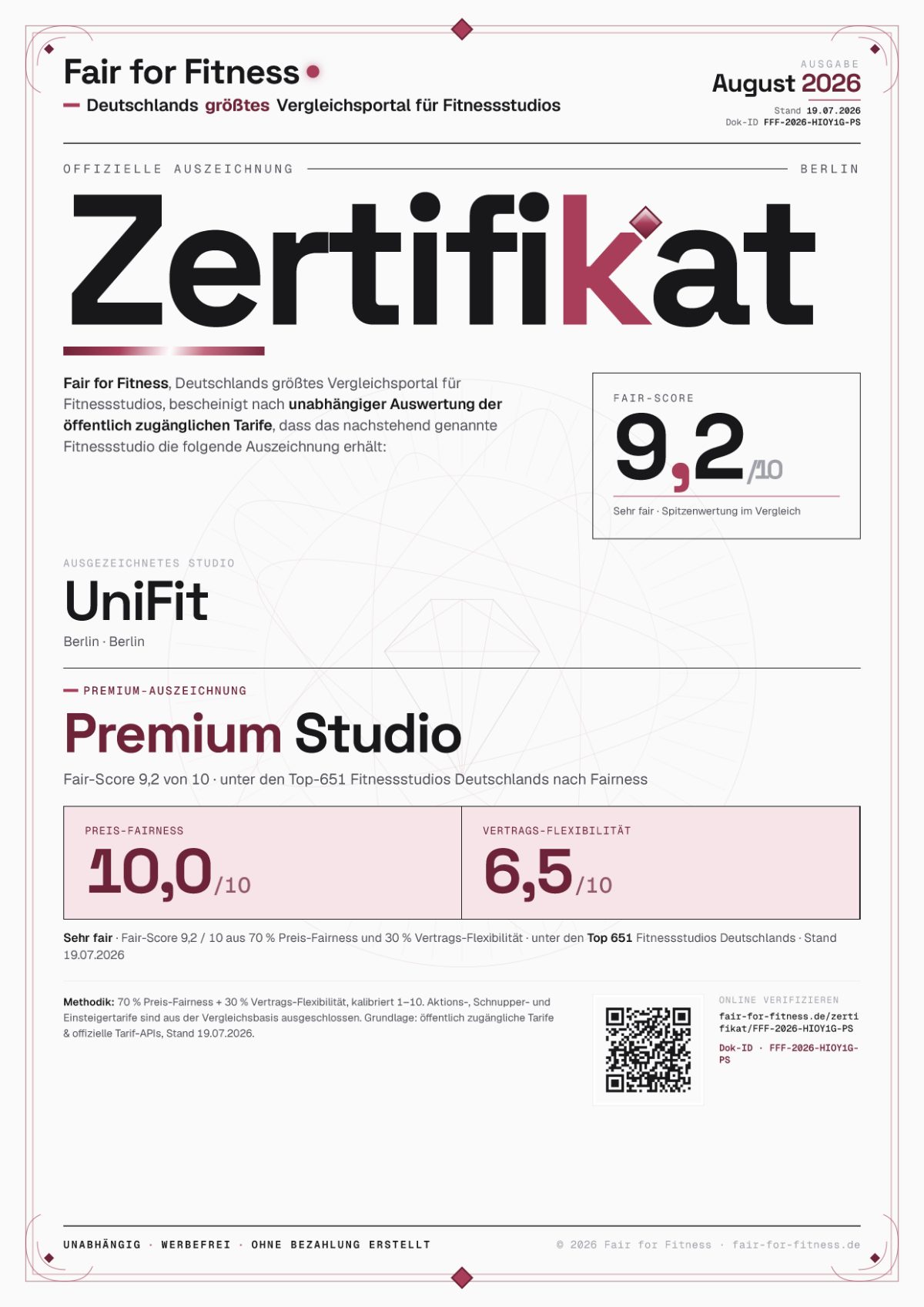 Zertifikat „Premium Studio"