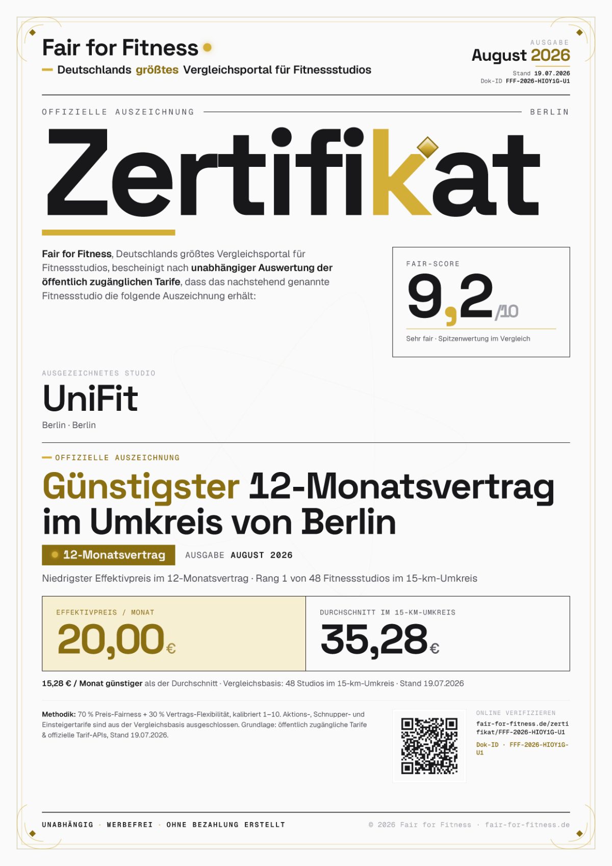 Zertifikat „Günstigster 12-Monatsvertrag im Umkreis von Berlin"