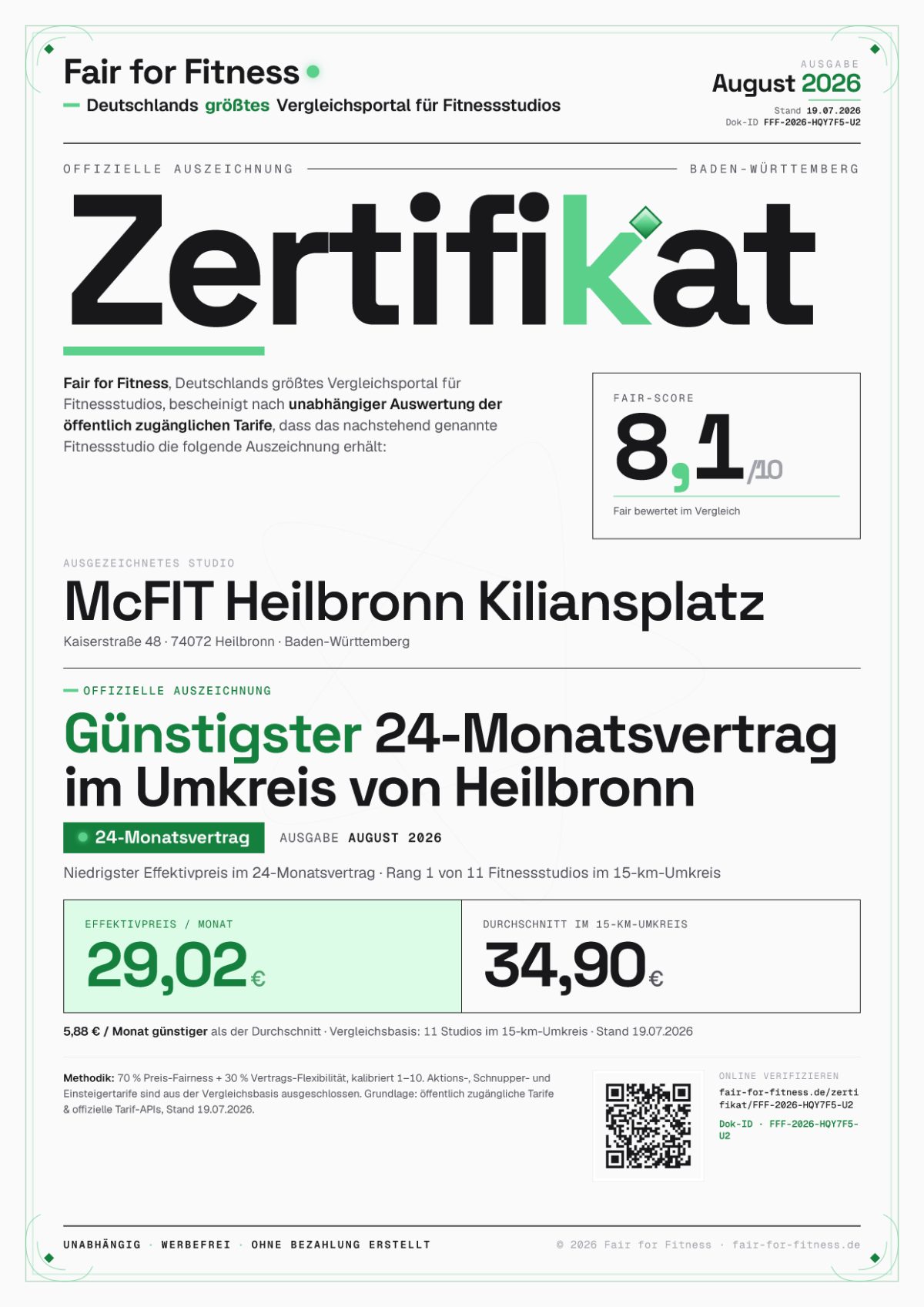 Zertifikat „Günstigster 24-Monatsvertrag im Umkreis von Heilbronn"