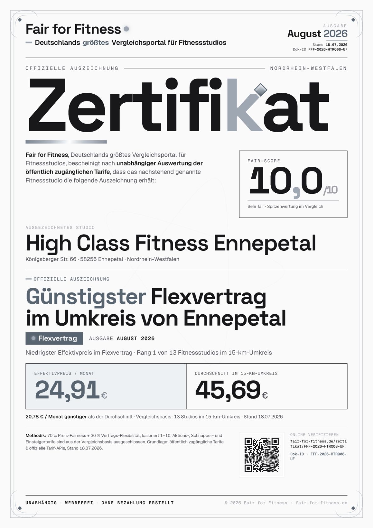 Zertifikat „Günstigster Flexvertrag im Umkreis von Ennepetal"