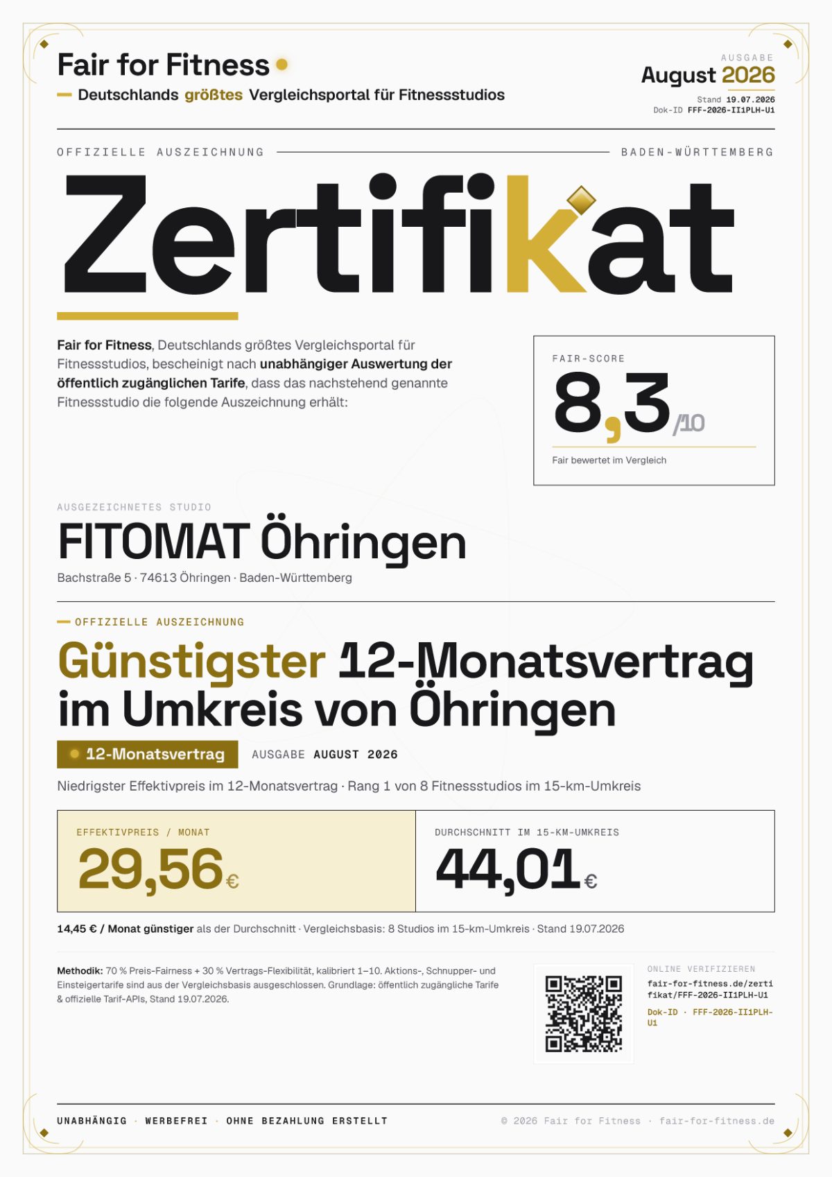 Zertifikat „Günstigster 12-Monatsvertrag im Umkreis von Öhringen"