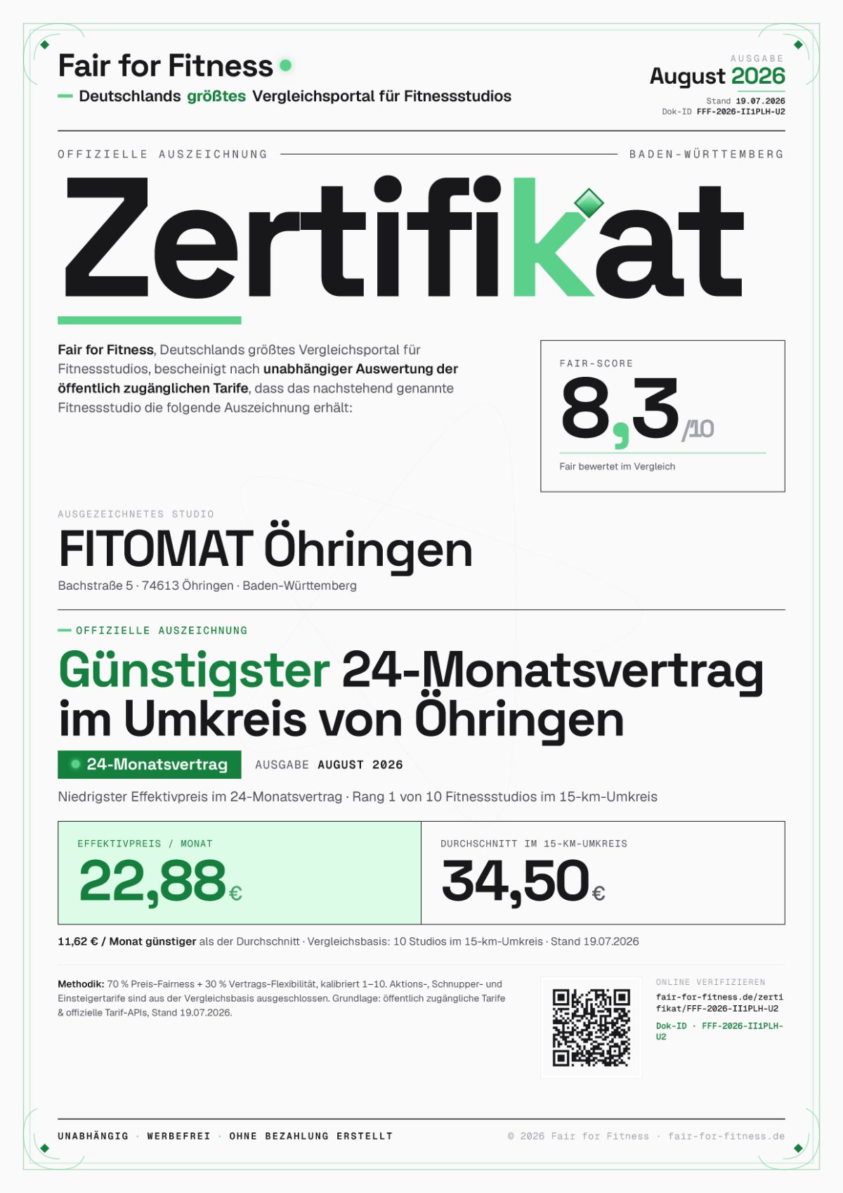 Zertifikat „Günstigster 24-Monatsvertrag im Umkreis von Öhringen"