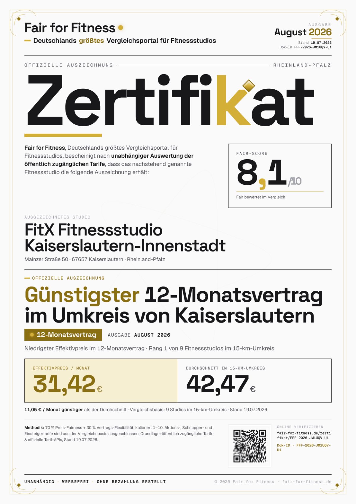 Zertifikat „Günstigster 12-Monatsvertrag im Umkreis von Kaiserslautern"