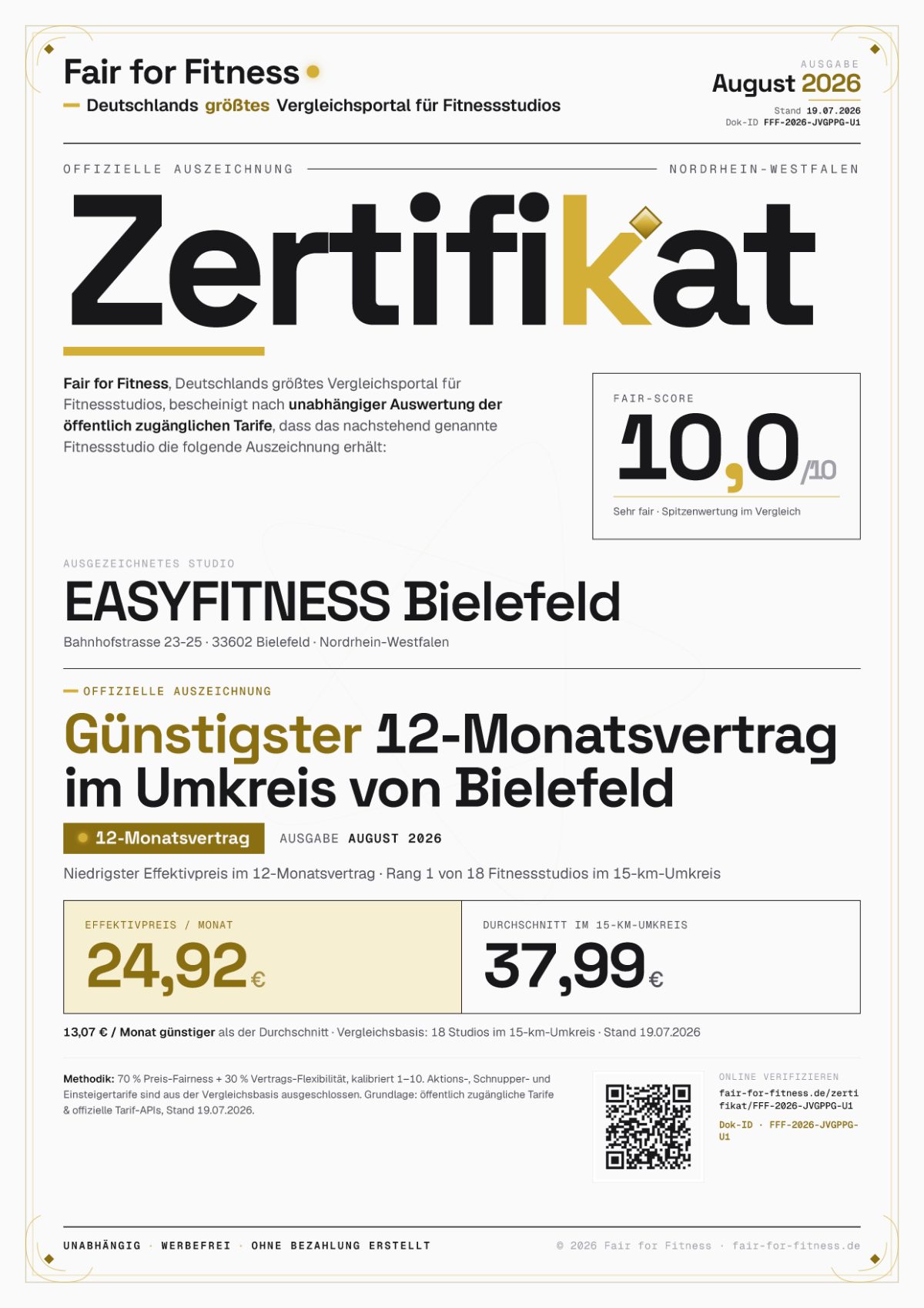 Zertifikat „Günstigster 12-Monatsvertrag im Umkreis von Bielefeld"