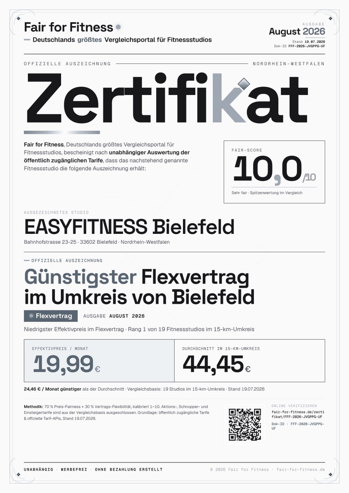 Zertifikat „Günstigster Flexvertrag im Umkreis von Bielefeld"