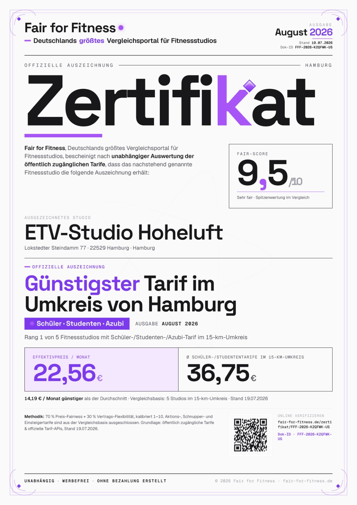 Zertifikat „Günstigster Schüler-, Studenten- & Azubi-Tarif im Umkreis von Hamburg"