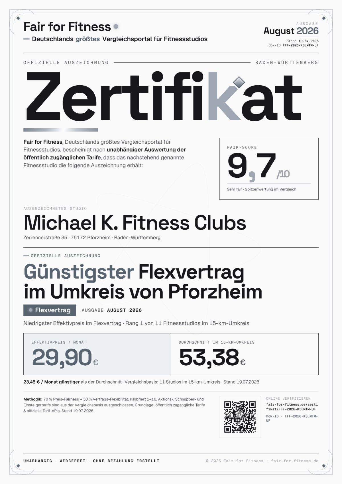 Zertifikat „Günstigster Flexvertrag im Umkreis von Pforzheim"