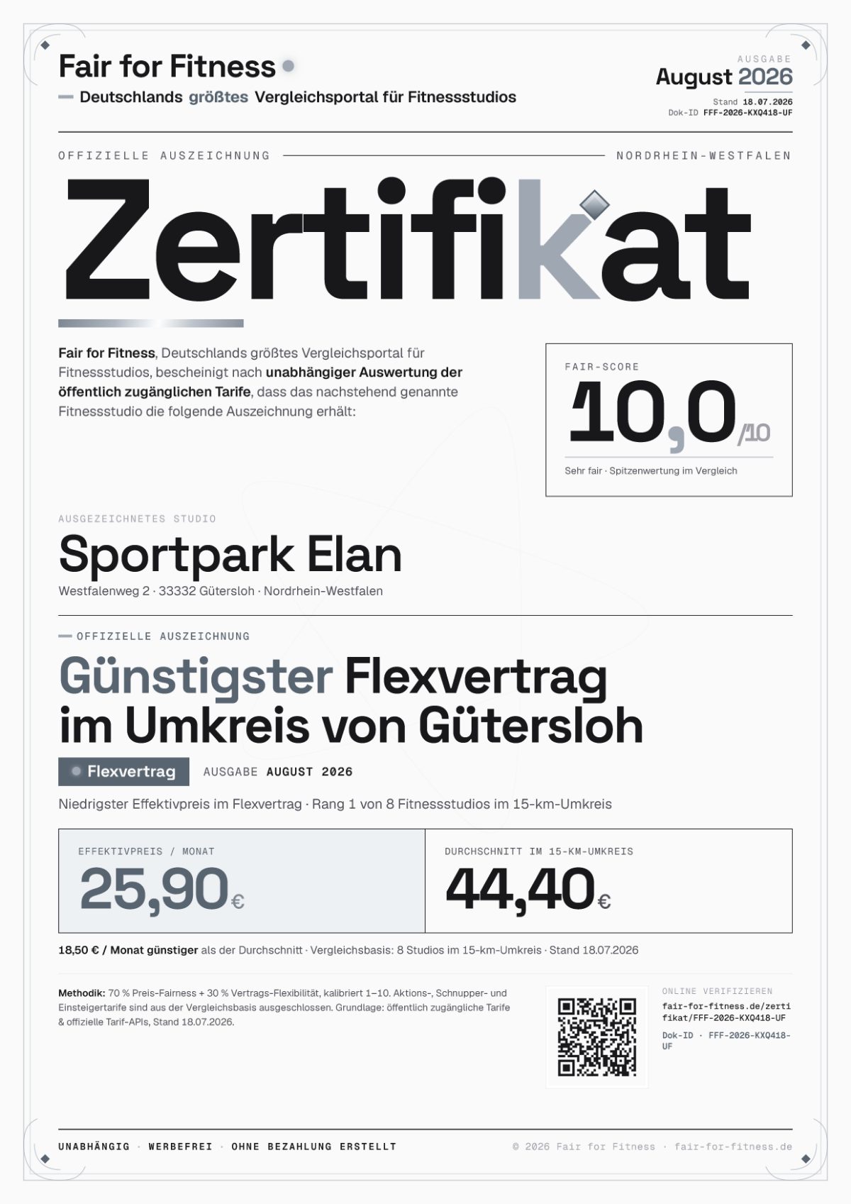 Zertifikat „Günstigster Flexvertrag im Umkreis von Gütersloh"
