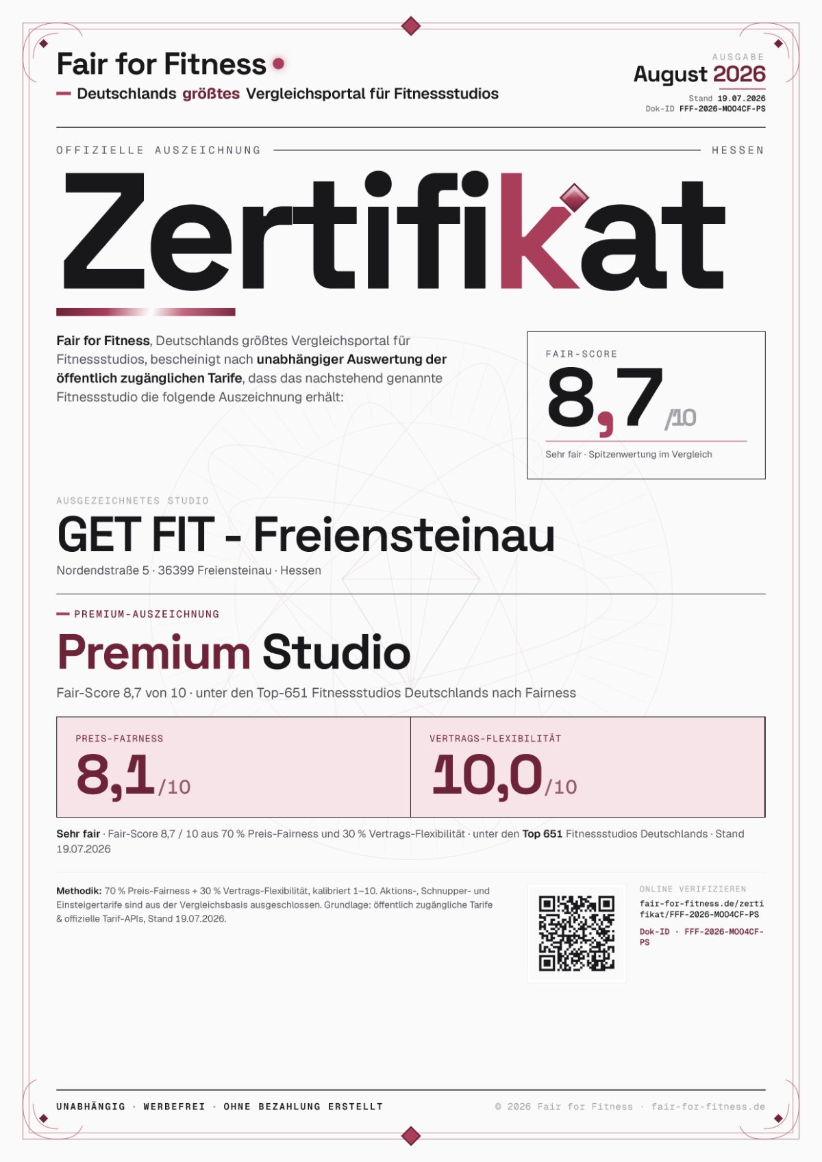 Zertifikat „Premium Studio"