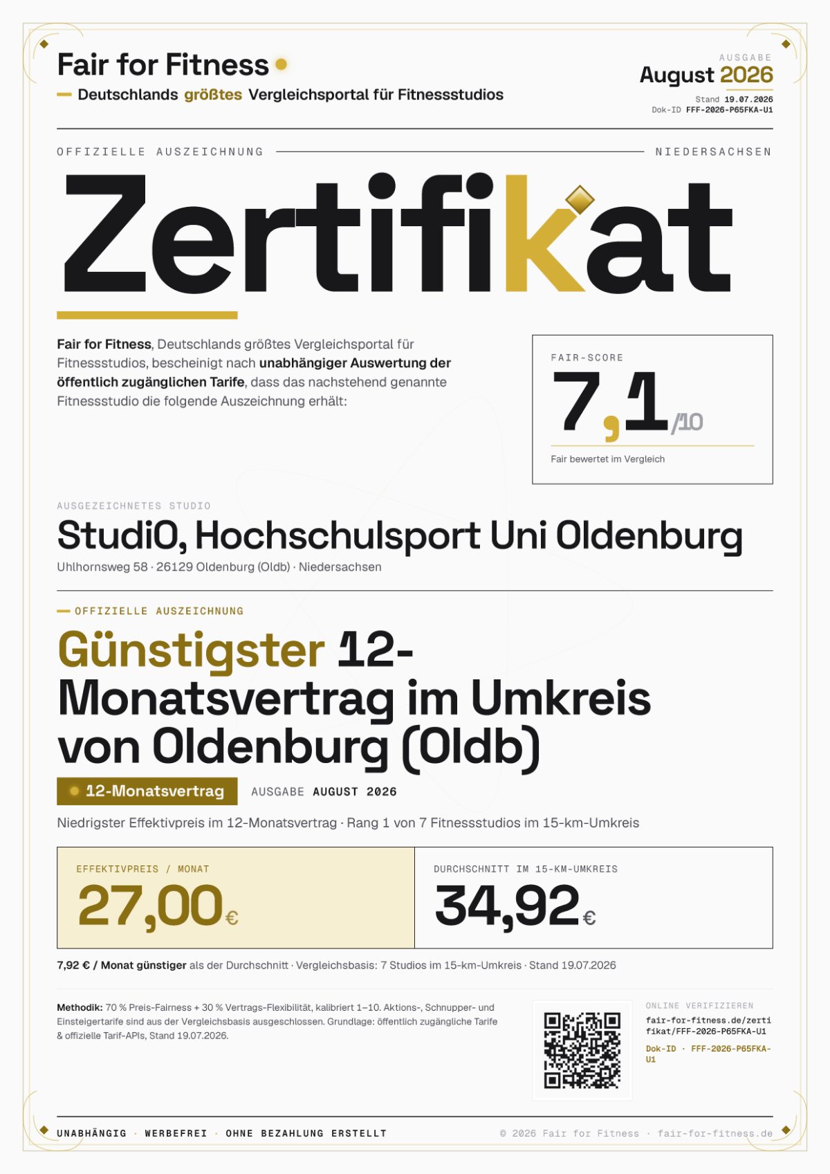 Zertifikat „Günstigster 12-Monatsvertrag im Umkreis von Oldenburg (Oldb)"