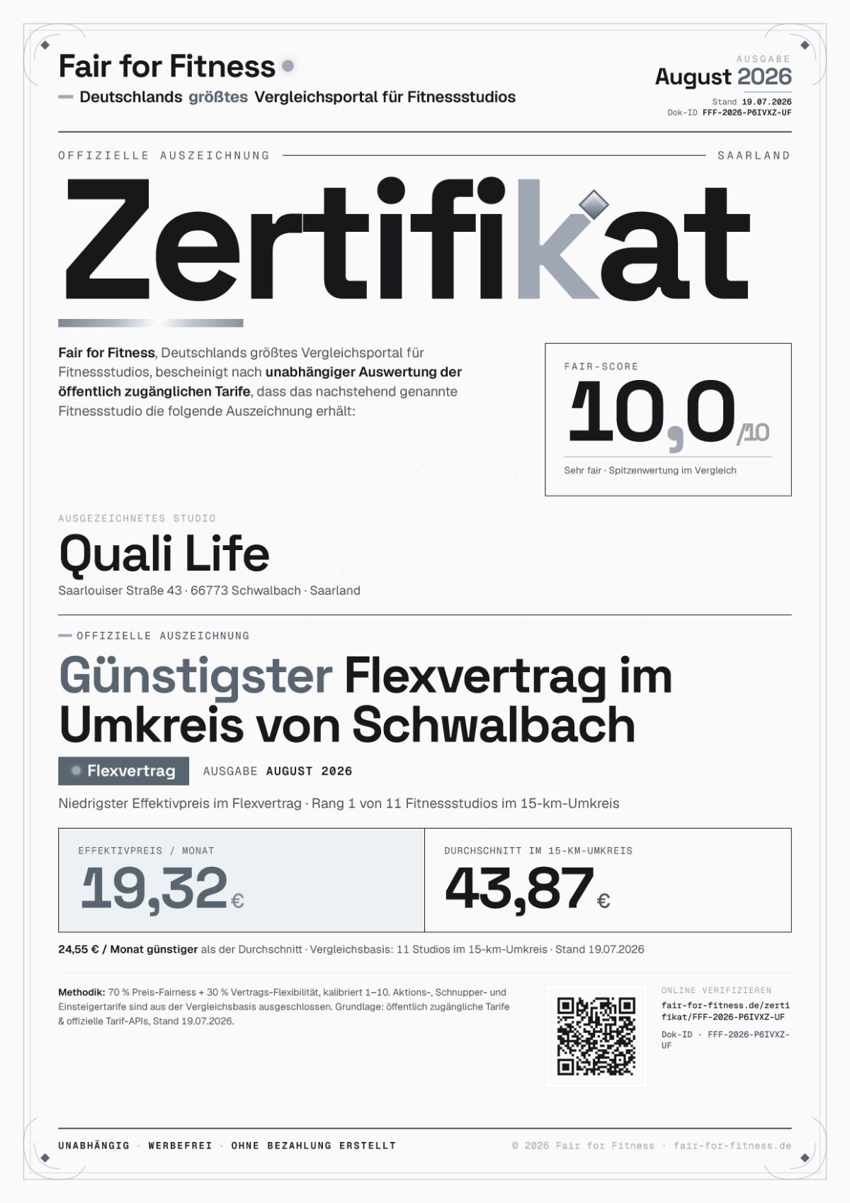 Zertifikat „Günstigster Flexvertrag im Umkreis von Schwalbach"