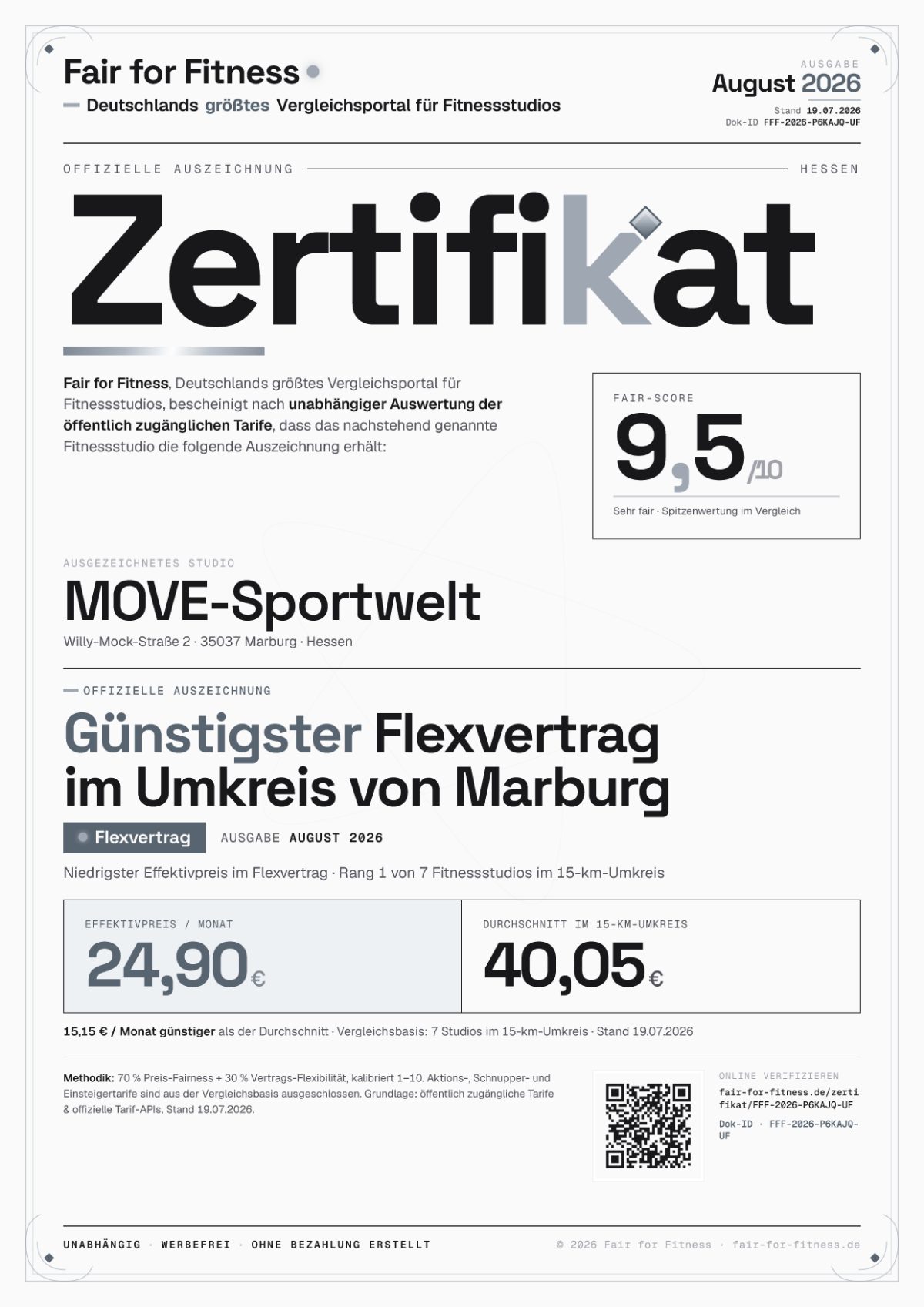 Zertifikat „Günstigster Flexvertrag im Umkreis von Marburg"