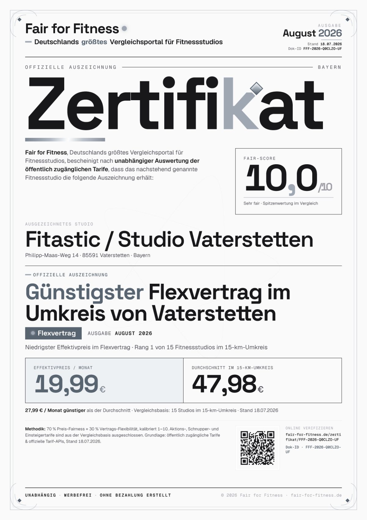 Zertifikat „Günstigster Flexvertrag im Umkreis von Vaterstetten"