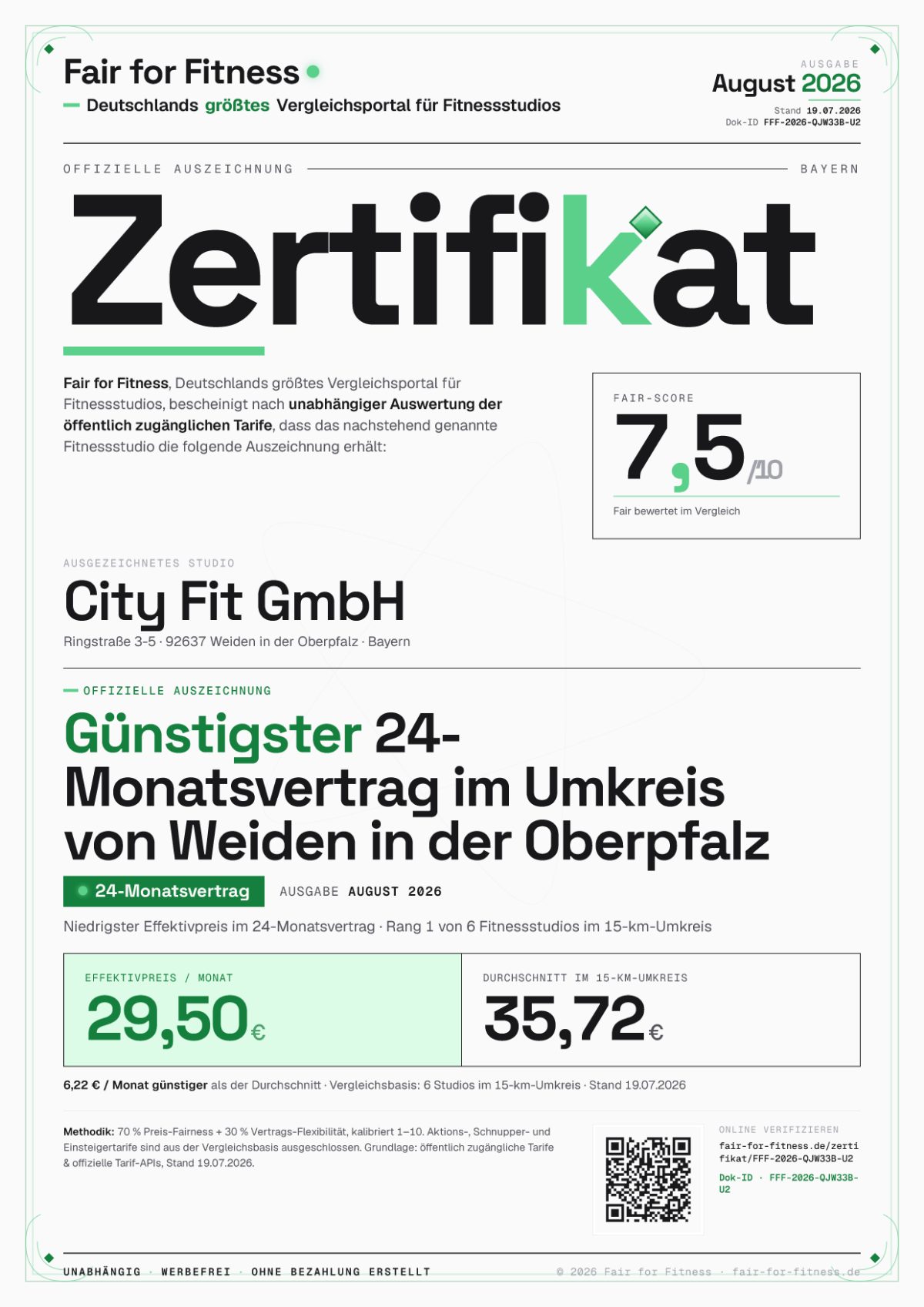 Zertifikat „Günstigster 24-Monatsvertrag im Umkreis von Weiden in der Oberpfalz"