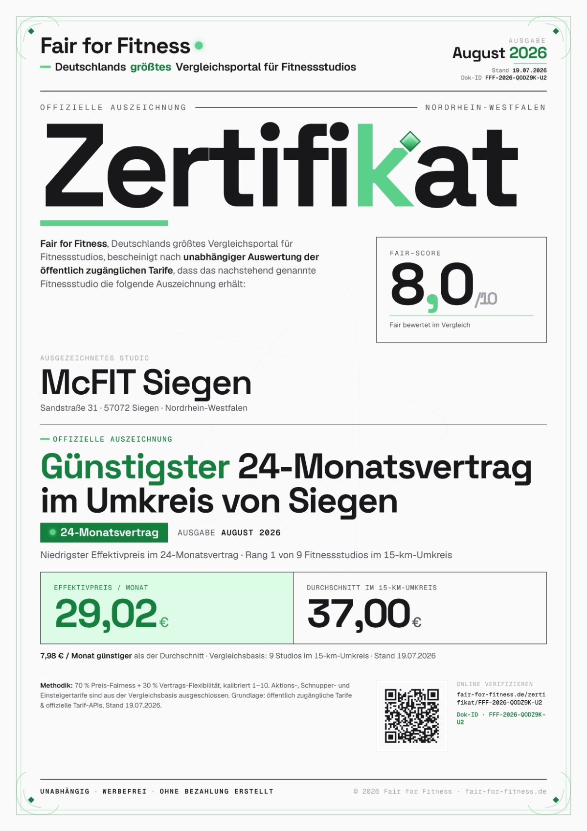 Zertifikat „Günstigster 24-Monatsvertrag im Umkreis von Siegen"