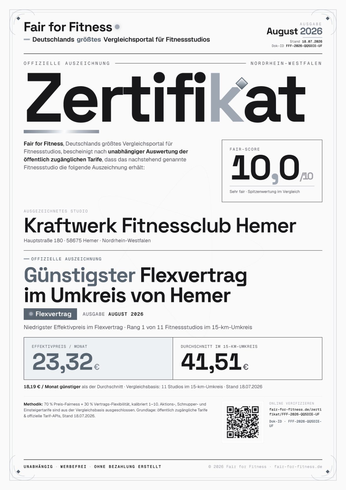 Zertifikat „Günstigster Flexvertrag im Umkreis von Hemer"