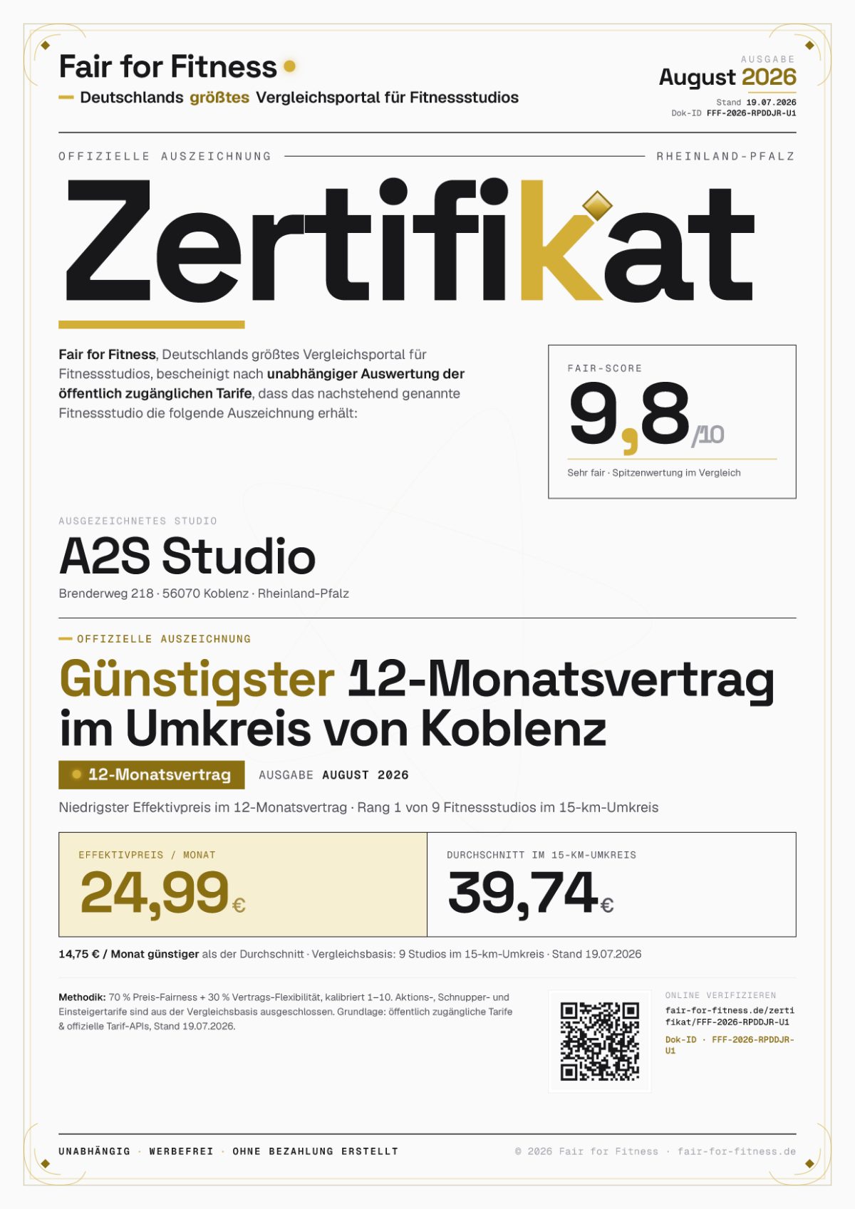 Zertifikat „Günstigster 12-Monatsvertrag im Umkreis von Koblenz"
