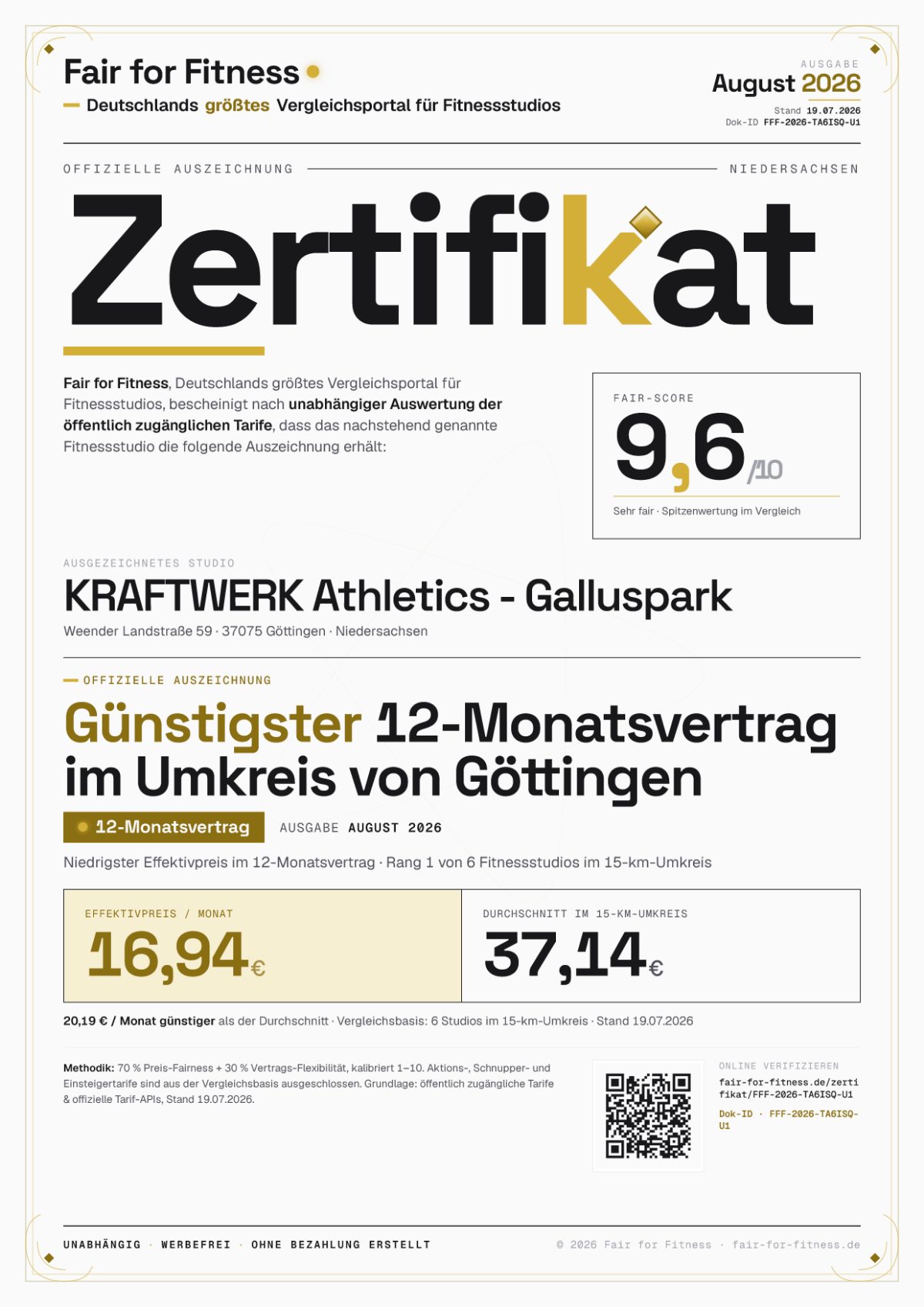 Zertifikat „Günstigster 12-Monatsvertrag im Umkreis von Göttingen"