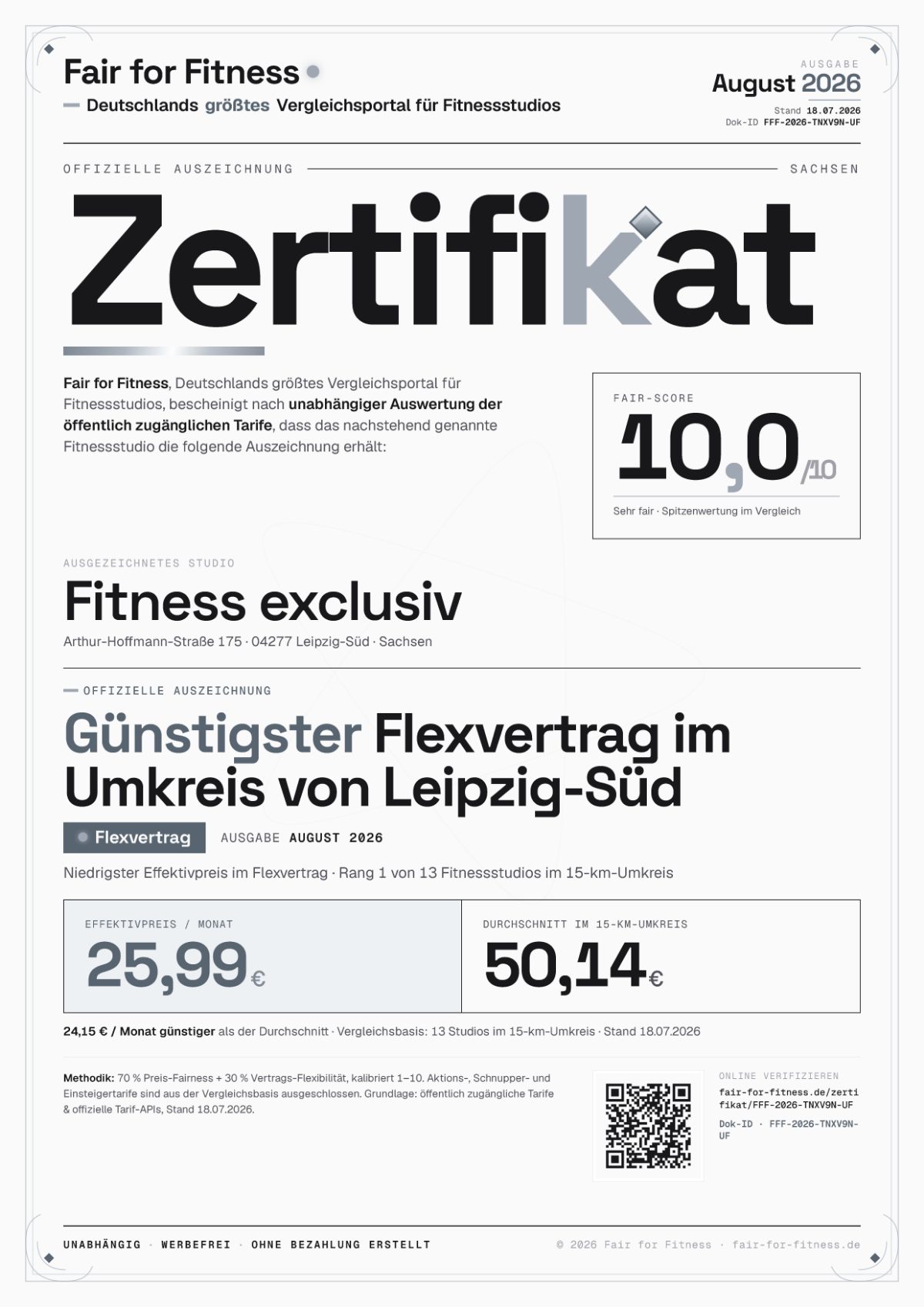 Zertifikat „Günstigster Flexvertrag im Umkreis von Leipzig-Süd"