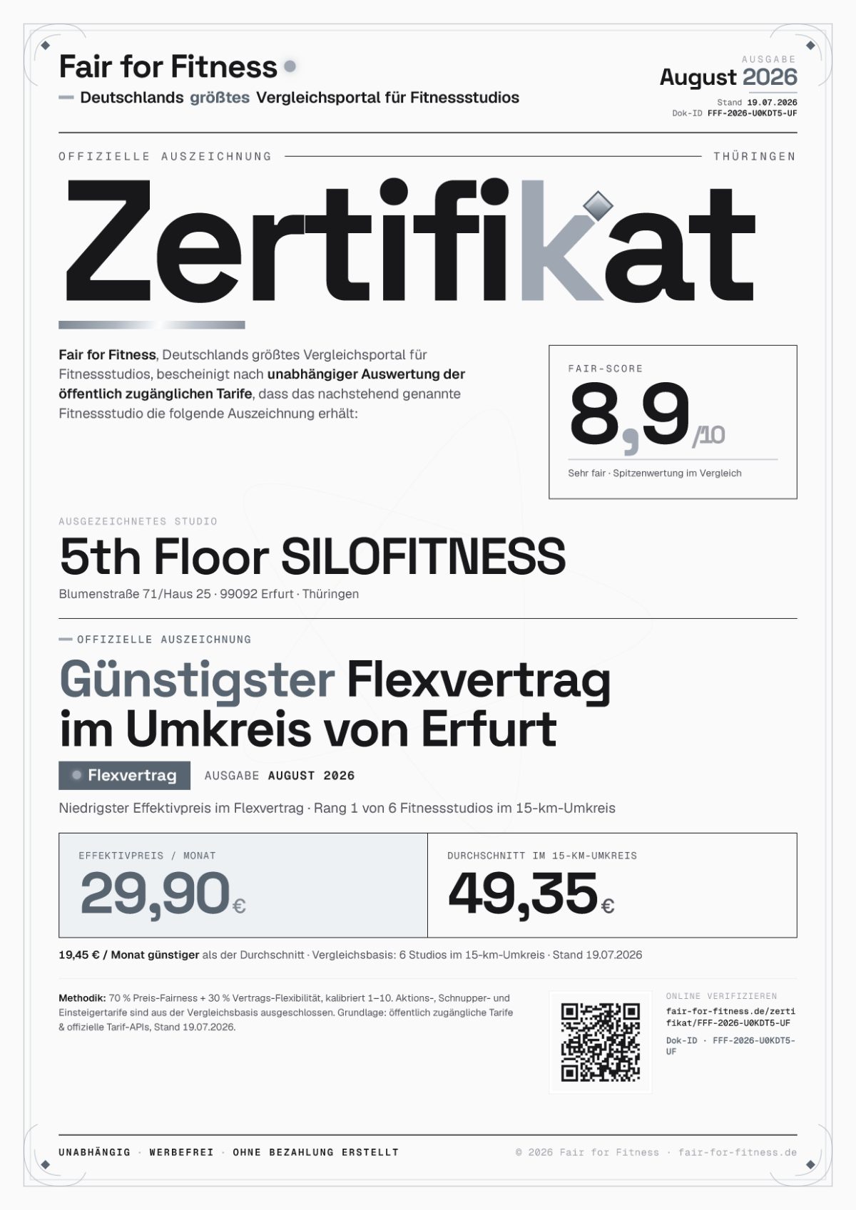 Zertifikat „Günstigster Flexvertrag im Umkreis von Erfurt"