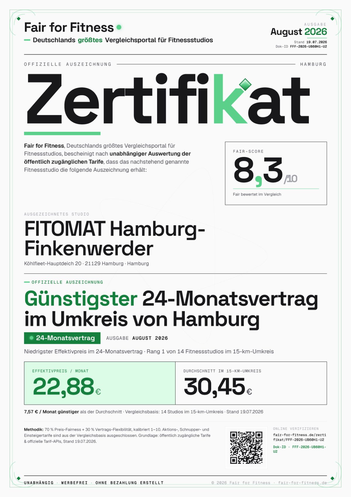 Zertifikat „Günstigster 24-Monatsvertrag im Umkreis von Hamburg"