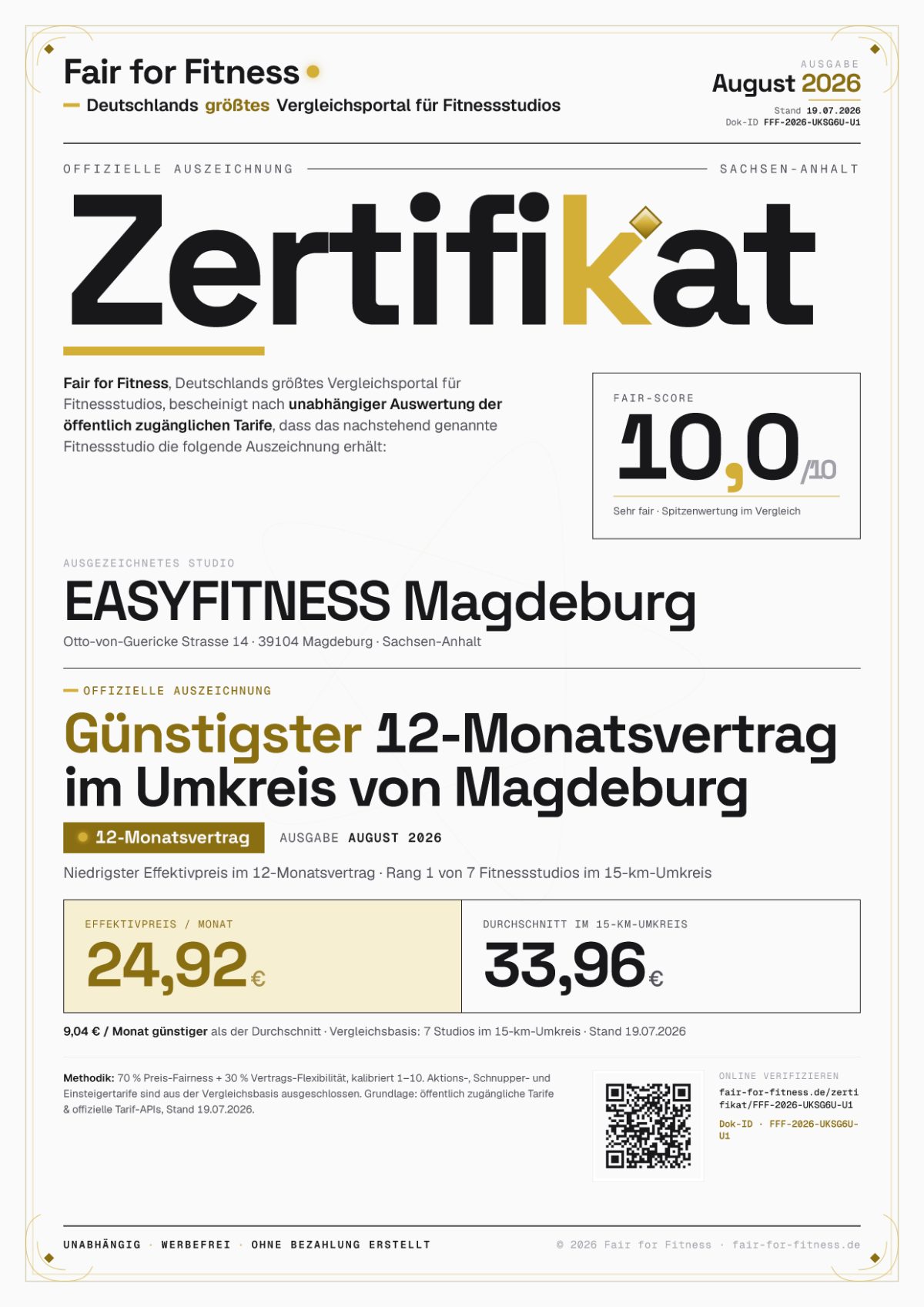 Zertifikat „Günstigster 12-Monatsvertrag im Umkreis von Magdeburg"