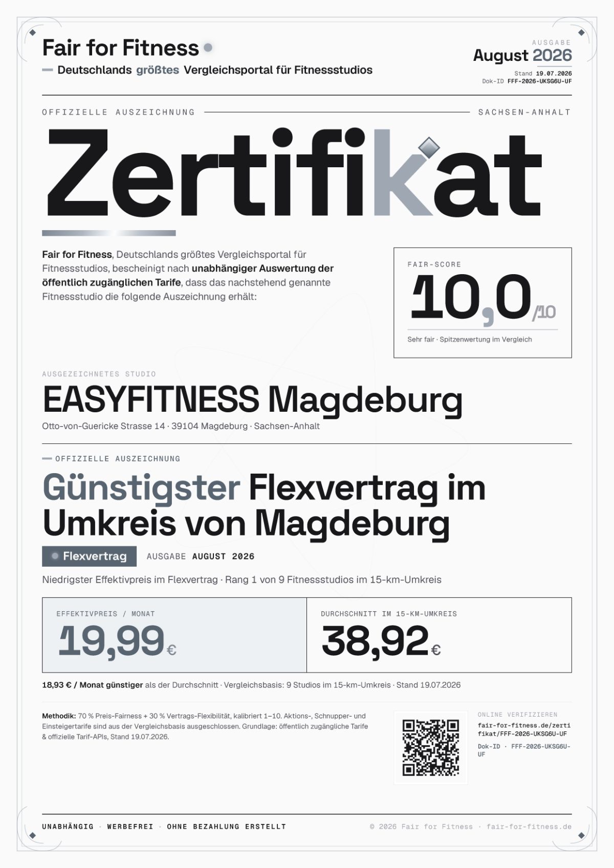 Zertifikat „Günstigster Flexvertrag im Umkreis von Magdeburg"