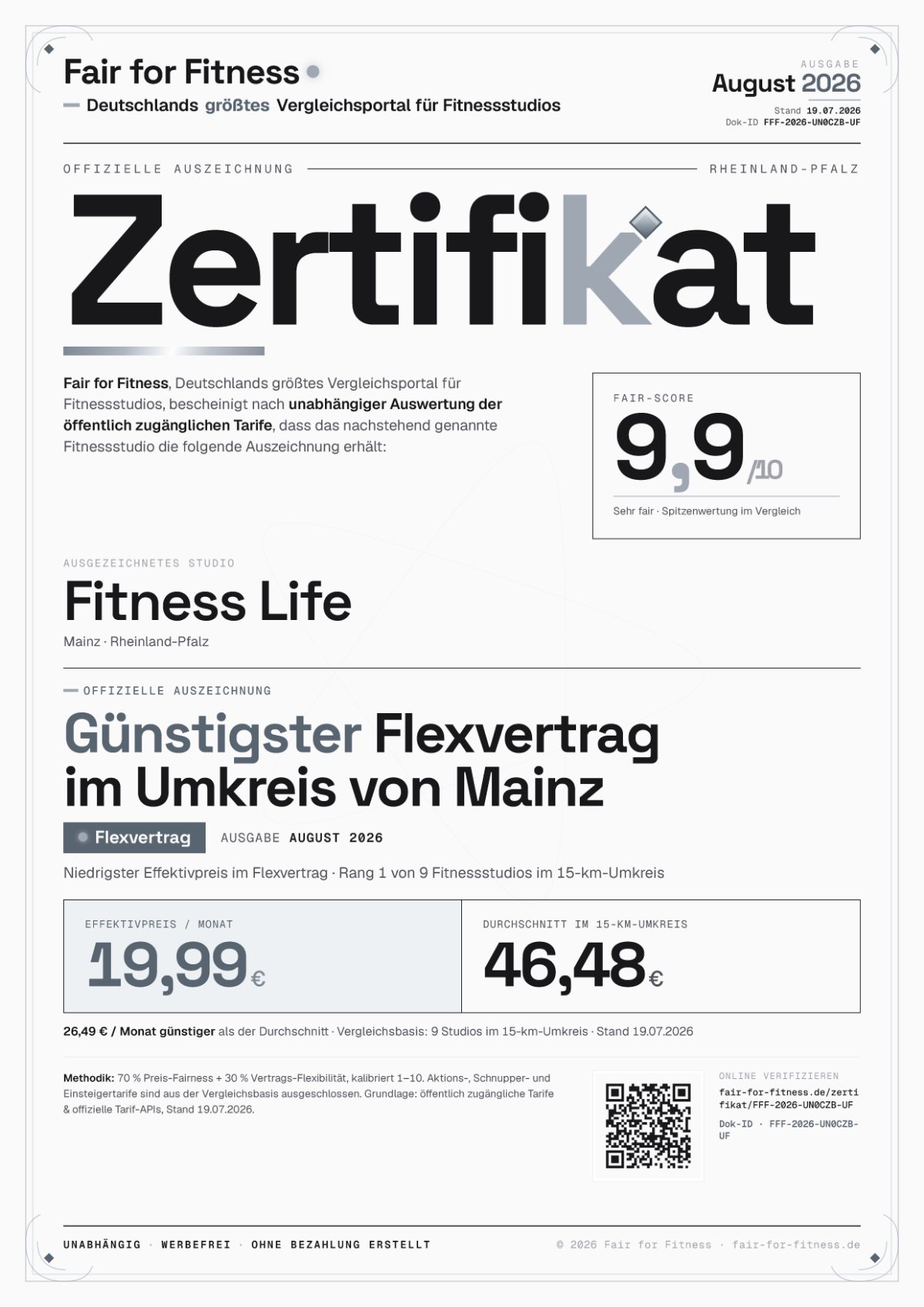 Zertifikat „Günstigster Flexvertrag im Umkreis von Mainz"