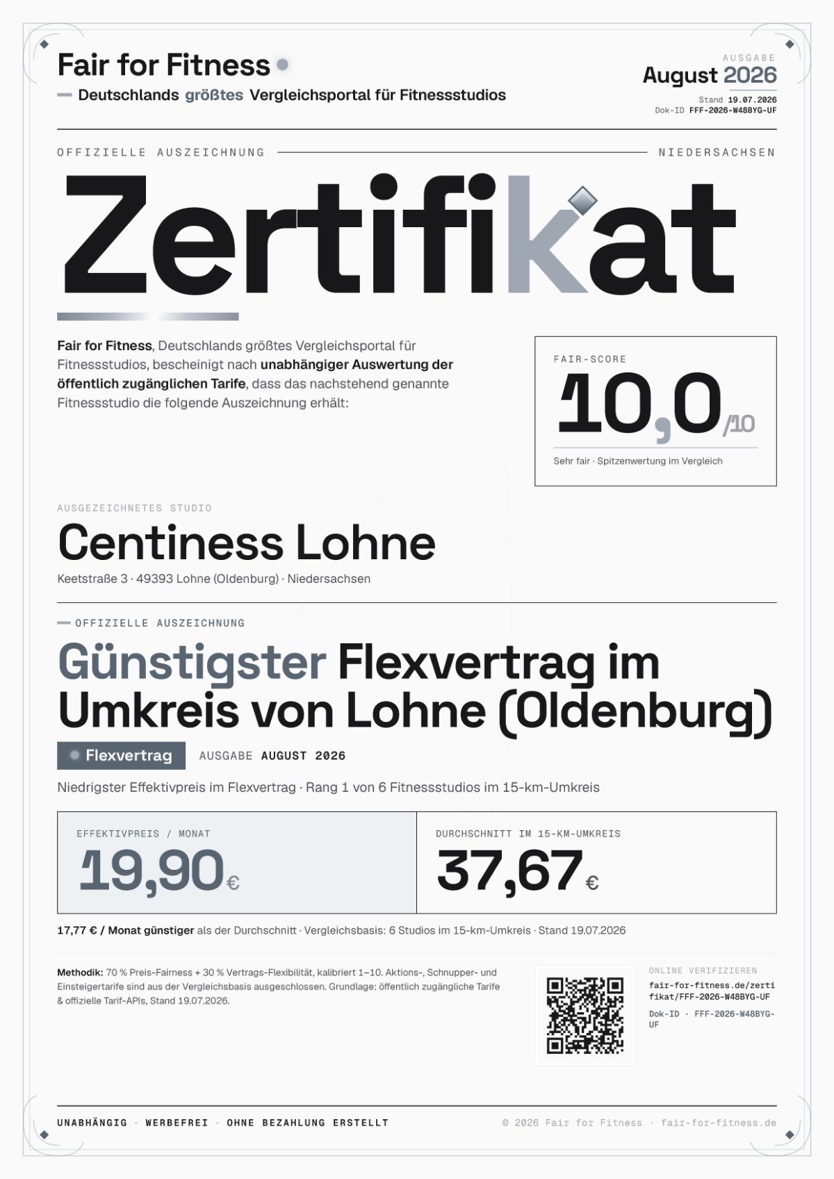 Zertifikat „Günstigster Flexvertrag im Umkreis von Lohne (Oldenburg)"