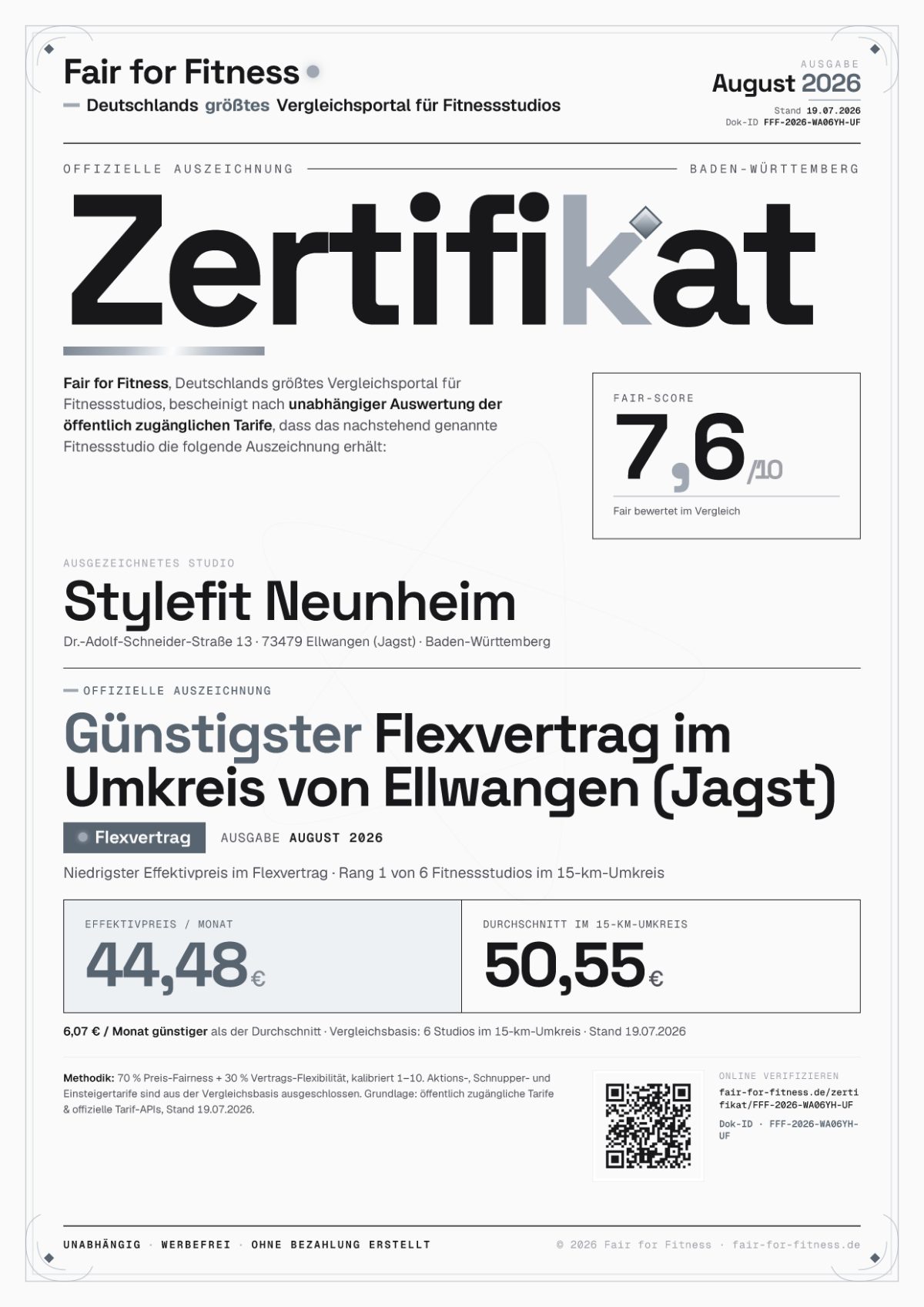 Zertifikat „Günstigster Flexvertrag im Umkreis von Ellwangen (Jagst)"