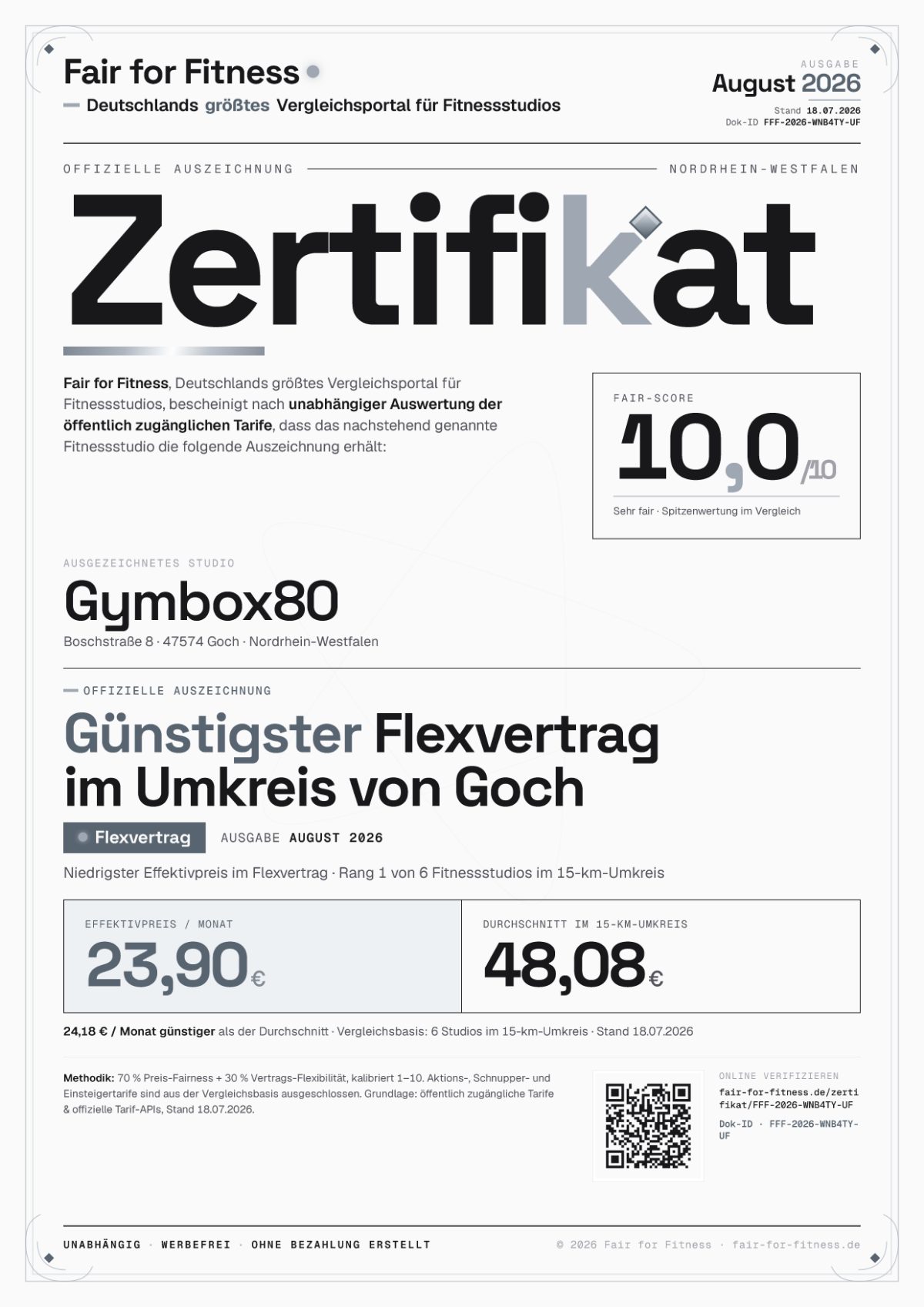 Zertifikat „Günstigster Flexvertrag im Umkreis von Goch"