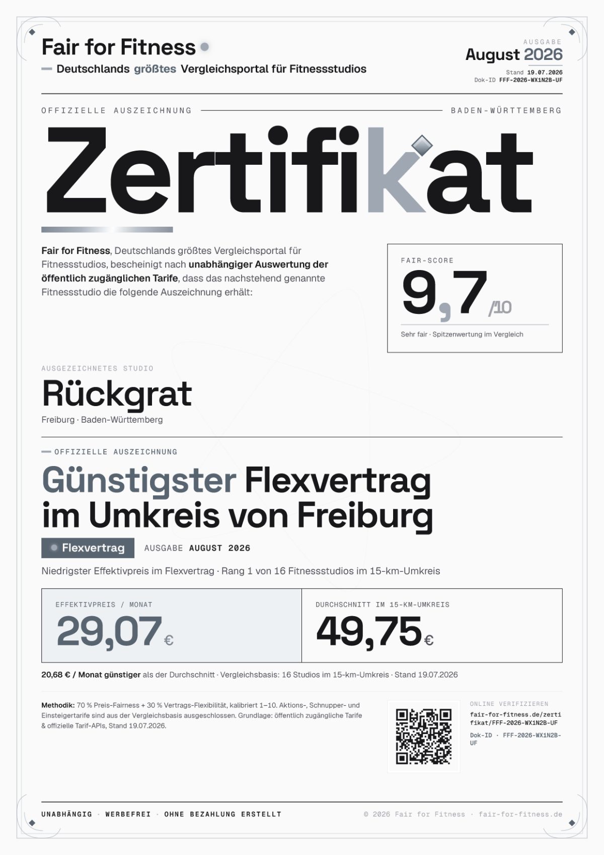 Zertifikat „Günstigster Flexvertrag im Umkreis von Freiburg"