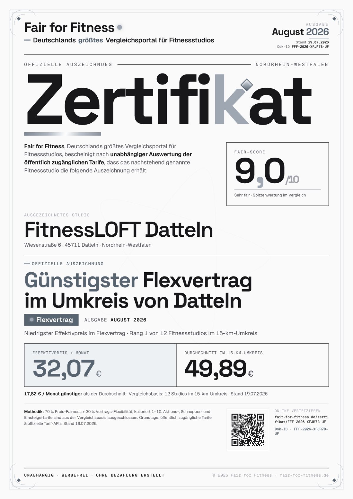 Zertifikat „Günstigster Flexvertrag im Umkreis von Datteln"
