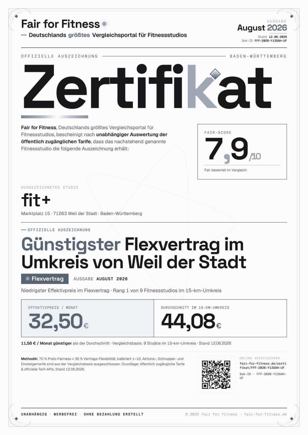Zertifikat „Günstigster Flexvertrag im Umkreis von Weil der Stadt"
