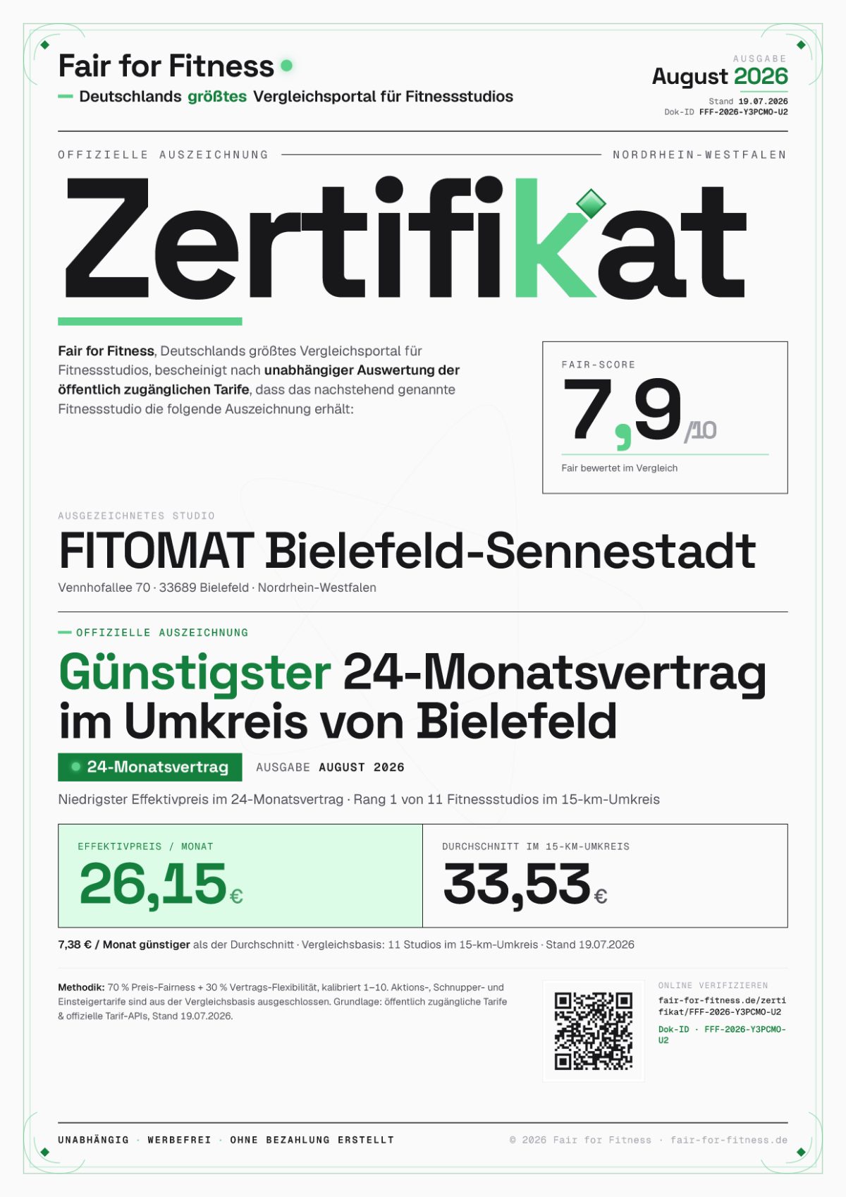 Zertifikat „Günstigster 24-Monatsvertrag im Umkreis von Bielefeld"