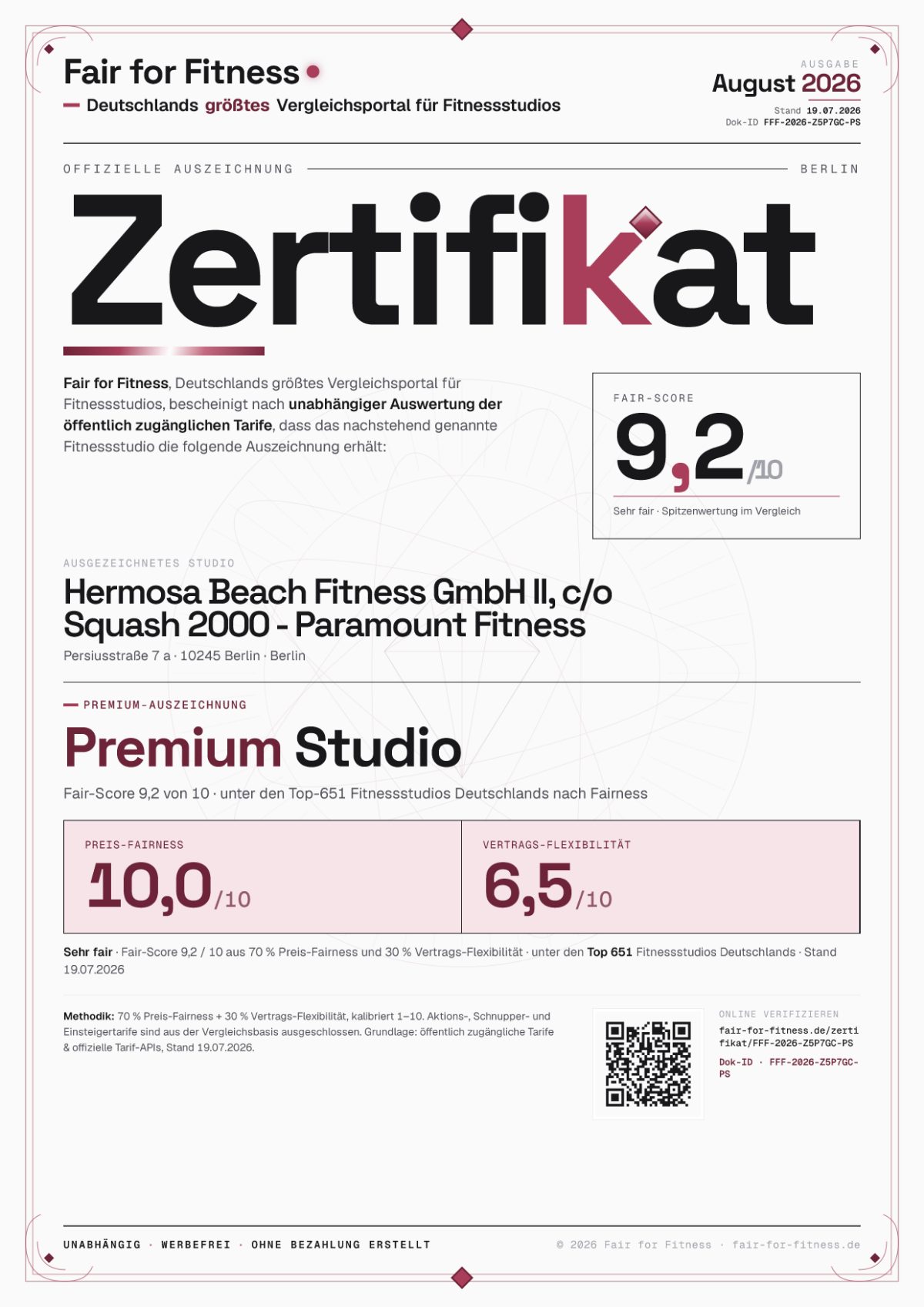 Zertifikat „Premium Studio"
